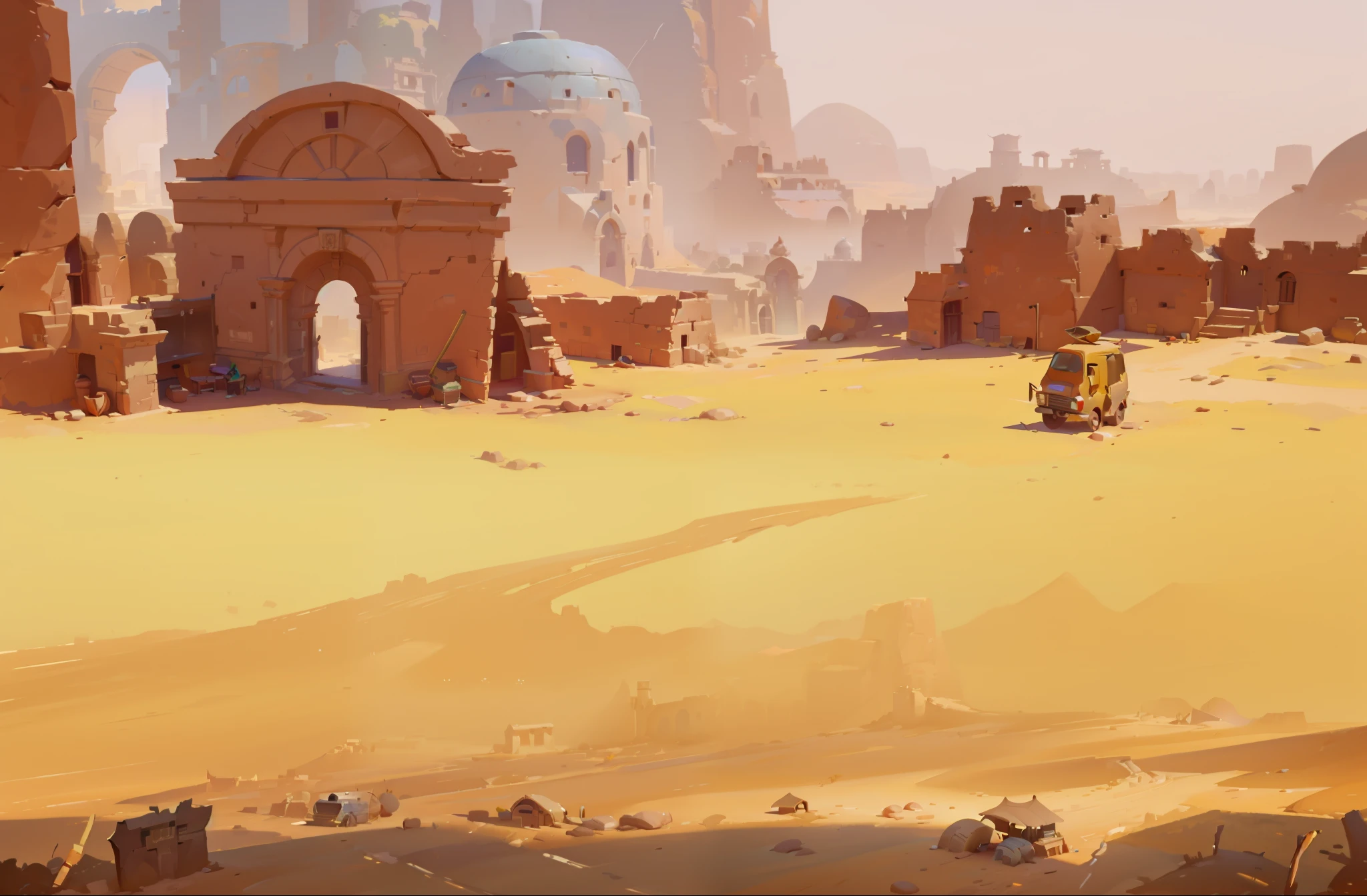 there is a desert with a gate and a building in the background, desert temple, stylized concept art, somewhere in sands of the desert, painterly concept art, digital painting concept art, smooth digital concept art, painted as a game concept art, detailed digital concept art, concept artstyle, 2d concept art, background art, desert environment, environment painting