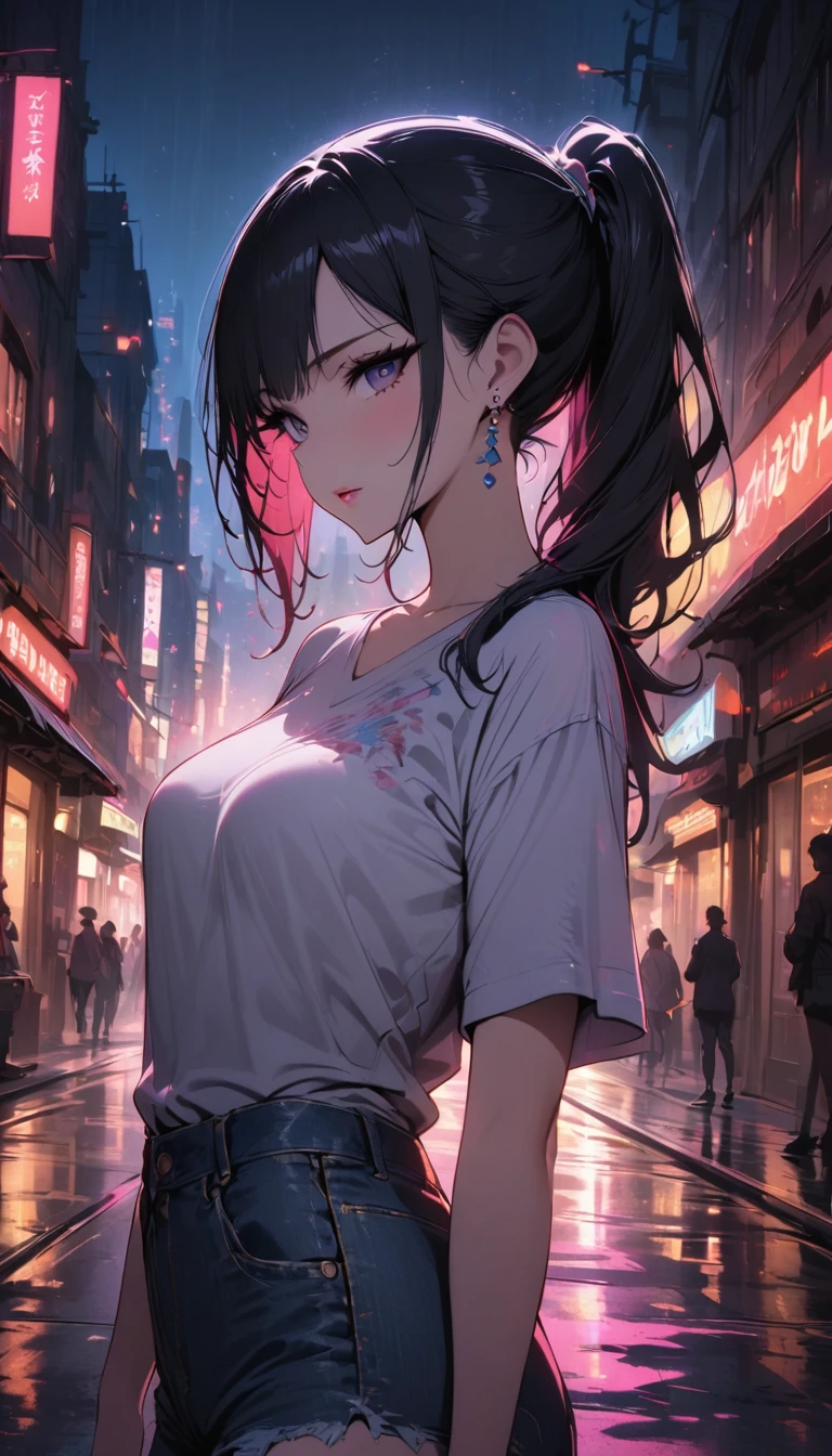 top quality, masterpiece, ultra high definition, (Evening Street), 1 girl, black eyes, looking at the audience, long hair, Light makeup, lips, Small ears, White T-shirt, Denim shorts, earrings, Slim, Neat, ponytail