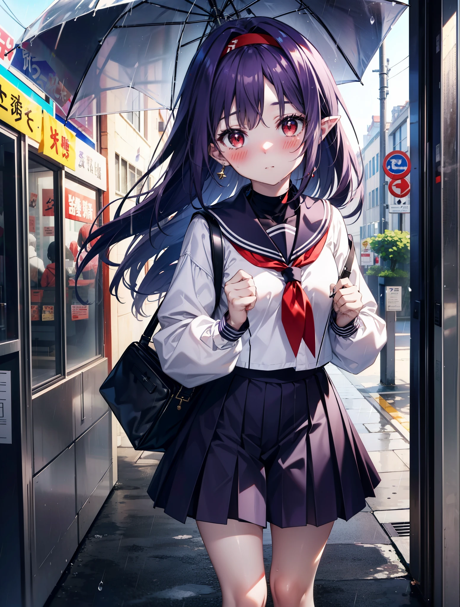 yuukikonno, Yuki Konno, hair band, long hair, pointed ears, purple hair,blush, embarrassing,(red eyes:1.5), (small breasts:1.2),high school girl uniform(Purple sailor suit),Purple pleated skirt,white tights,brown loafers,rain,cloudy,umbrella,umbrellaのグリップを両手で掴んで持っている,evening,
break looking at viewer, Upper body, full body,
break outdoors, city,building street,
break (masterpiece:1.2), highest quality, High resolution, unity 8k wallpaper, (shape:0.8), (fine and beautiful eyes:1.6), highly detailed face, perfect lighting, Very detailed CG, (perfect hands, perfect anatomy),