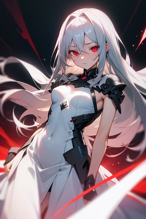 gray hair、red eye、small breasts、white dress、Fluttering、woman、The eyes glow faintly、long hair、2D anime