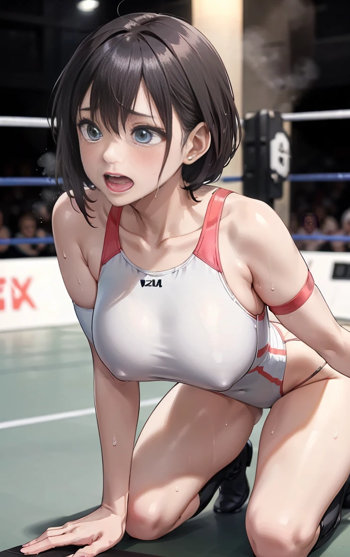 full body photographed、(highly detailed:1.2) ,ultra-detailed,top-quality,hight resolution,japanese mature woman,she is 35 years old,back facing,Big eyes、white sporty boots、knee brace,white competition swimsuit,gleaming skin,pro-wrestling venues、female pro-wrestler、((On the ring of pro-wrestling:1.3))、tiny tit,skinny,(all-fours:1.3),crying,open mouth,sweating,steam,shot from front,looking distantly.