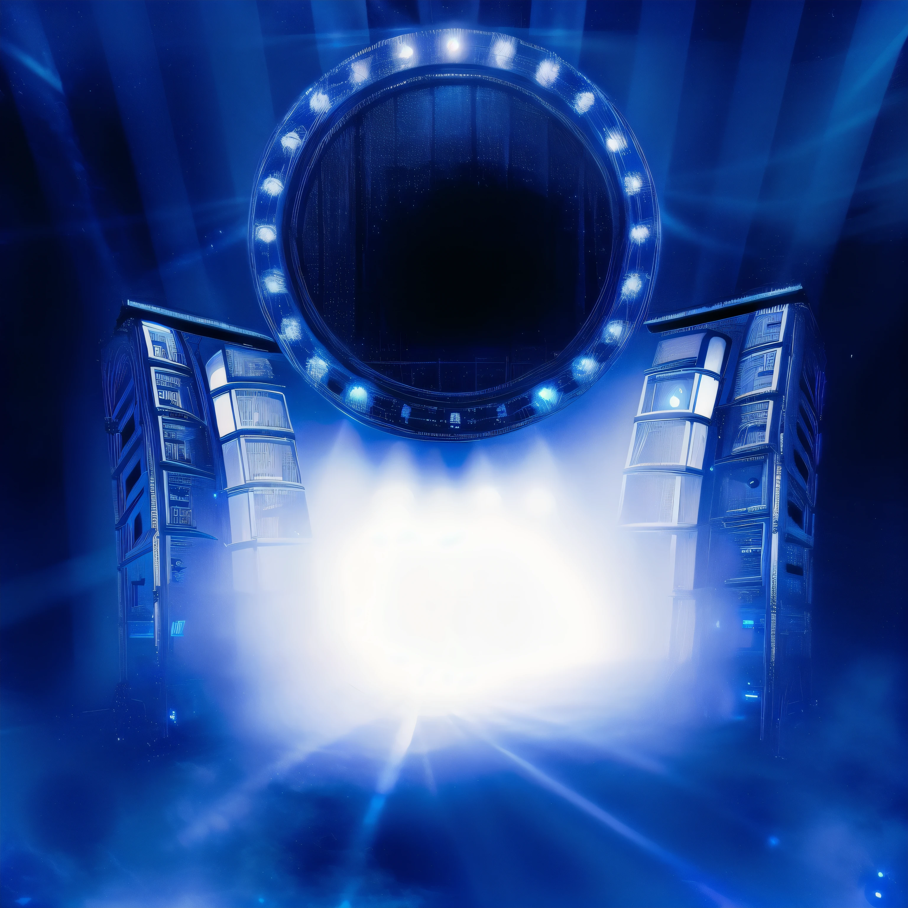 there is a blue stage with a circular light and a stage curtain, nightclub background, searchlights in background, blue atmosphere, blue lighting. fantasy, high blue lights, with glowing blue lights, background artwork, stern blue neon atmosphere, spirits coming out of portal, blue neon lights, blue rays, blue lighting, blue backdrop, stage background, background bar, dramatic blue lighting