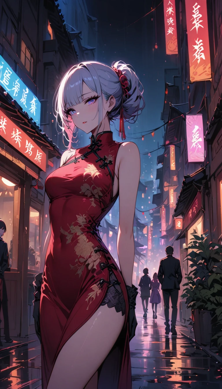 masterpiece, the best, night, full moon, 1 adult woman, Chinese Architecture, cheongsam, China costume, Royal sister, cold face, Poker face, woman with long silver hair, light pink lips, , calm, intellectuals, Three bangs, gray pupil, street view, facial details,
