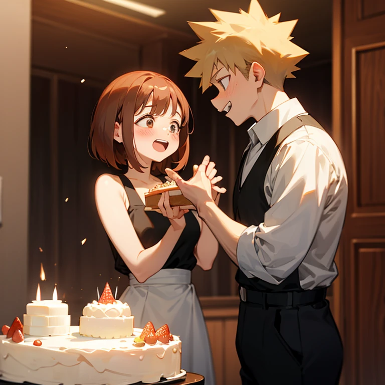 Uraraka giving a cake to bakugo and he is so surprised and laughed with happiness.