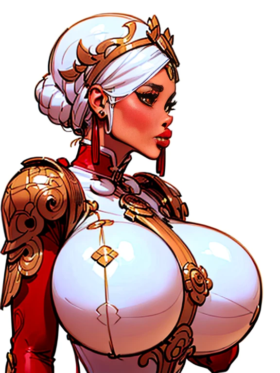 ((Side view:1.8)), ((masterpiece)),(((best quality))), ((futuristic empress, mature face, ((middle eastern eyes:1.4)), ((gold futuristic gown)), (((intricate futuristic breastplate))), defined cheekbones, high cheekbones, intricate lingerie, bear aesthetic, beautiful model of Asia, illustration, muscular, ((future gold:1.4)), sexy bimbo, (gigantic breasts:1.7) red hair, ((detailed face:1.4)) beautiful woman, (Chinese:1.4) (white skin:1.4) , (red lipstick:1.4), shiny skin, ((skindentation)), scribbles and marks,(puffy lips:1.4) , (Shibuya Street at night: 1.5), (Shibuya Street at night: 1.5), rough sketches, pose, 8k,16k, ( background, white background: 1.3) ((warm color palette)), ((future model aesthetic))