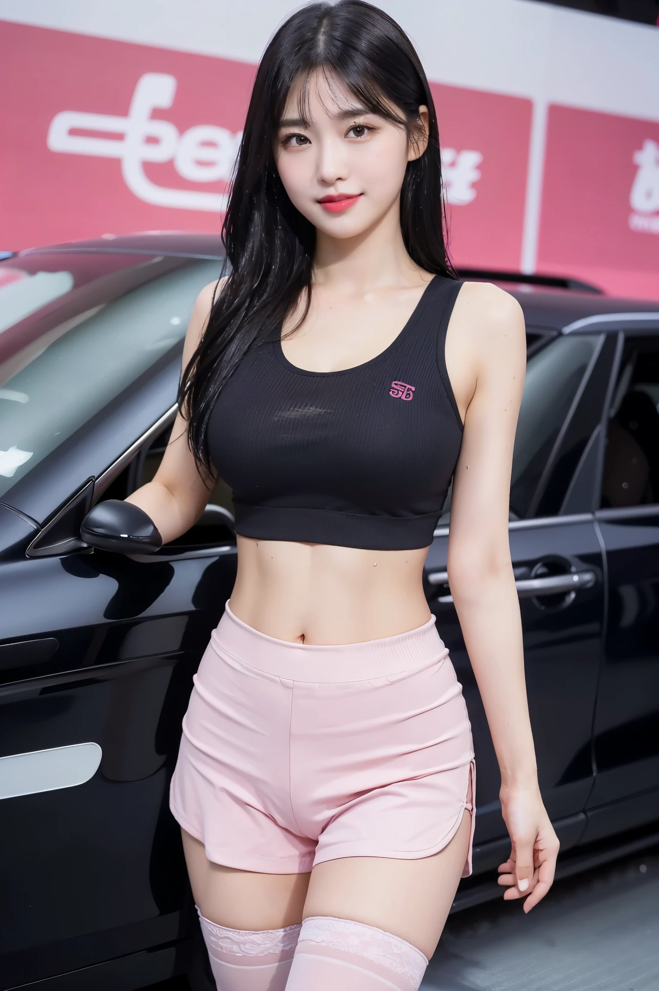 (8K), (highest quality: 1.2), (realistic), (realistic: 1.37), ultra high resolution, (1 girl, cute, smile, closed mouth, thick lips,red lip,beautiful details, beautiful nose, (straight black hair), smooth hair,giant dulcefo, self snap,(pink sports bra),(Big corporate logo),(Yoga Shorts:1),(Natural knee-high socks),At the Motor Show,(Standing in front of the car:1.1),(Close up on wet thighs),(Medium Shot:1.2),side