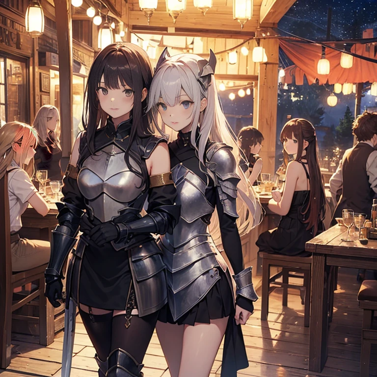 A group of young female knight, (in tavern), various hair styles, harem, wearing armored clothes, metal armor, night, details face, , short skirt, seducing, sword, sleeveless , night, starry night