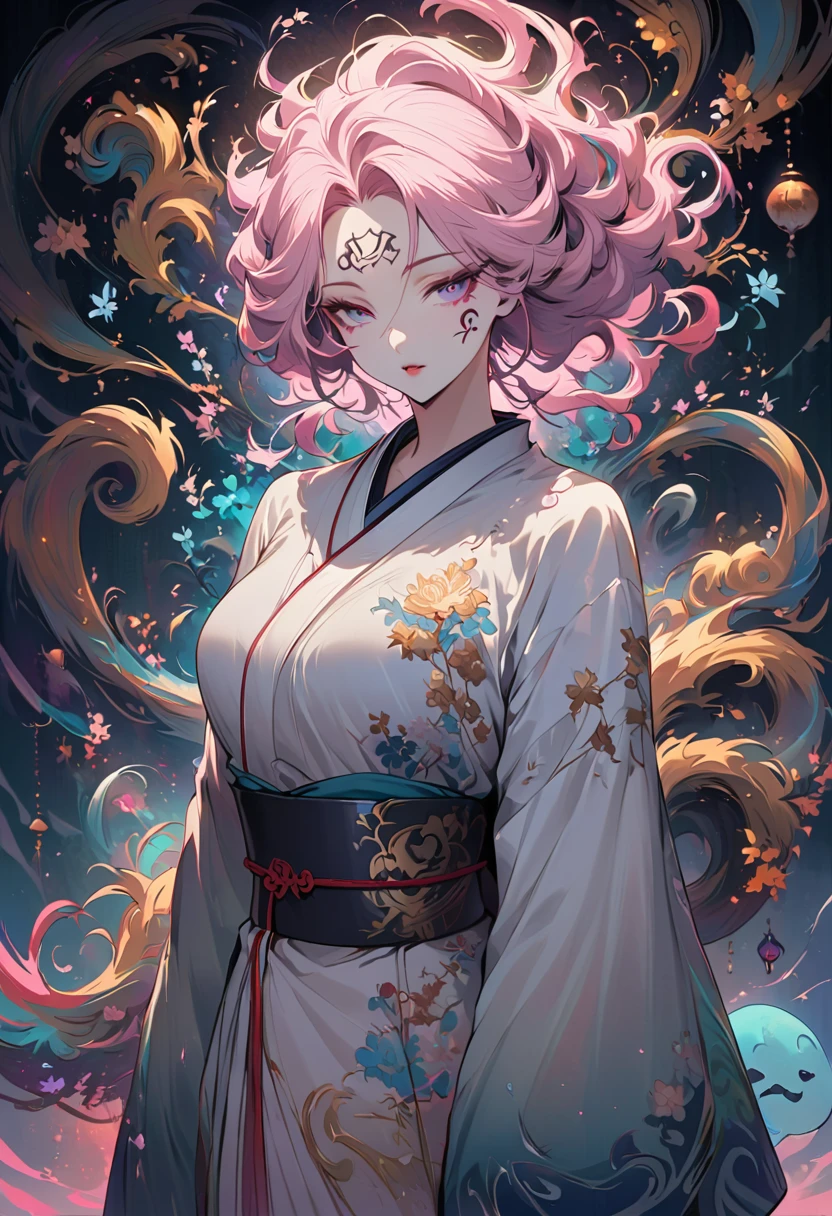 surreal, Very detailed, and a high resolution 16k image of a young woman, Beautiful female ghost or guardian angel. She has light pink hair and translucent skin, Wearing a traditional Japanese kimono，face tattoo(Meaningful Chinese character writing:1.1)，There is a small cherry blossom pattern on the belt. The image captures the ethereal beauty and mystery of the world. Style inspired by sophistication, Soft aesthetics in traditional Japanese art.