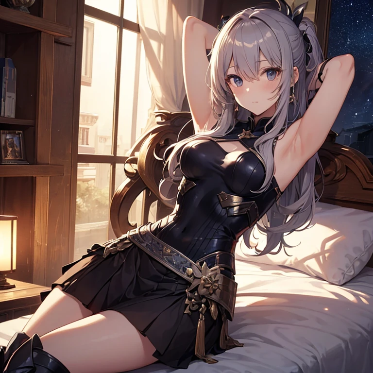 A group of young female knight, (in bedroom), various hair styles, harem, wearing armored clothes, metal armor, night, details face, , short skirt, seducing, sword, sleeveless , showing armpits, night, starry night