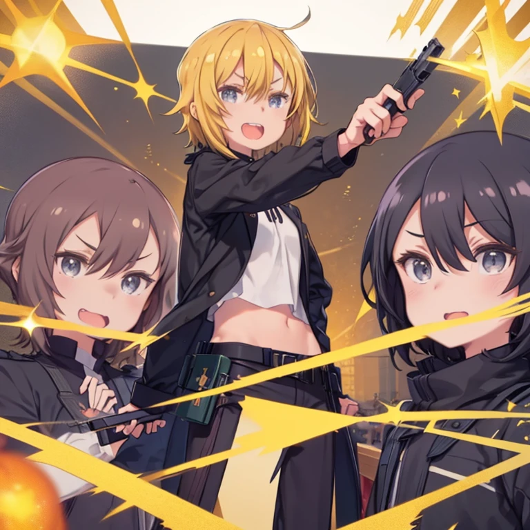 masterpiece, highest quality、Medium wide shot、cowboy shot、KitsuneSenko、1. A girl with beautiful eyes、golden hair、spiky hair、medium hair、Navel-revealing shirt、Short jacket、black jacket、black pants、gun belt、Decisive pose、Laughing with open mouth、Western clothing、