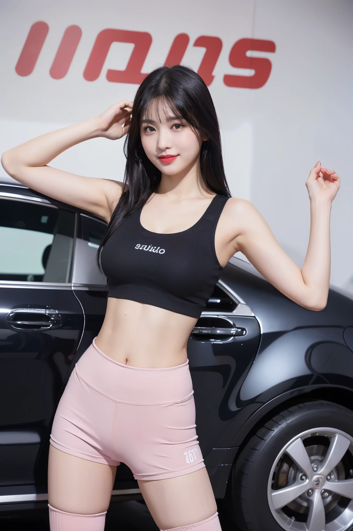 (8K), (highest quality: 1.2), (realistic), (realistic: 1.37), ultra high resolution, (1 girl, cute, smile, closed mouth, thick lips,red lip,beautiful details, beautiful nose, (straight black hair), smooth hair,giant dulcefo, self snap,(pink sports bra),(Big corporate logo),(Yoga Shorts:1),(Natural knee-high socks),At the Motor Show,(Standing in front of the car:1.1),Close up on wet thighs,(Medium Shot:1.2),(Raise your arm and see your side:1.2),swelling of nipples:1.2