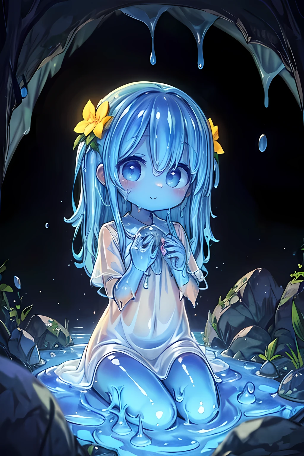 1girl, solo, ((best quality, highly detailed, masterpiece, official art, detailed eyes, deep eyes, best illustration, slime girl, slime, whole body blue, long hair, cowboy shot:1.3)), (very young child:1.6), (transparent:1.3), (see-through, refraction,reflection, transparent face, transparent body, transparent skin, shoot from above:1.2), happy, smiling, inside the cave, sitting in rock