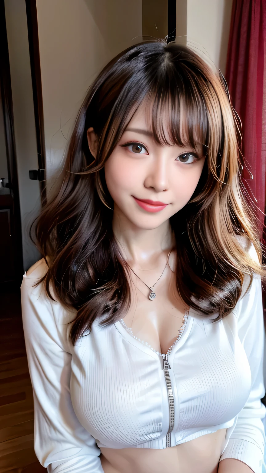((highest quality, 8K, masterpiece: 1.3)), concentrated: 1.2, cute girl 1,nipples erect、Braless walk、 perfect beauty: 1.4,hoodie: 1.2,long sleeve、randal color、comics&Text Graphics、Black ruffle-trimmed drawstring zip blouse,1.1, Highly detailed face and skin textures, fine eyes, double eyelid, whitening skin, ,highest quality,ultra high resolution,you,1 girl,alone,_shiny_skin,black eye,necklace,((Brown_length_wavy_hair)),(lips)),eyelash,front hair,deal with,compensate,shiny,pore,skin texture,big breasts、smiling face、living、