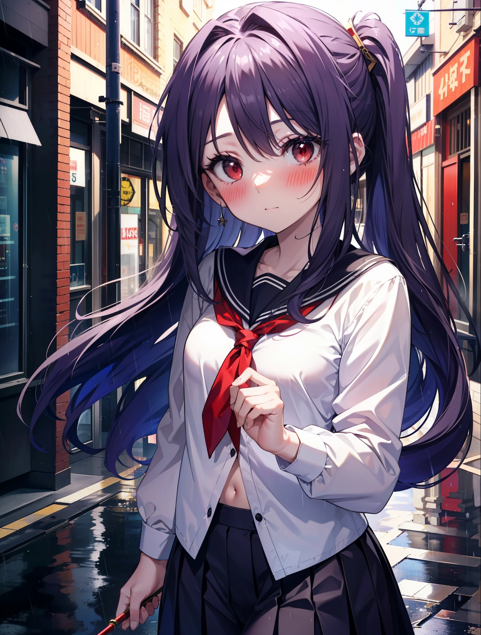 yuukikonno, Yuki Konno, hair band, long hair, pointed ears, purple hair,blush, embarrassing,(red eyes:1.5), (small breasts:1.2),high school girl uniform(Purple sailor suit),Purple pleated skirt,white tights,brown loafers,rain,cloudy,彼女は透明なumbrellaを持ち,umbrella,umbrellaのグリップを両手で掴んで持っている,evening,
break looking at viewer, Upper body, full body,
break outdoors, city,building street,
break (masterpiece:1.2), highest quality, High resolution, unity 8k wallpaper, (shape:0.8), (fine and beautiful eyes:1.6), highly detailed face, perfect lighting, Very detailed CG, (perfect hands, perfect anatomy),