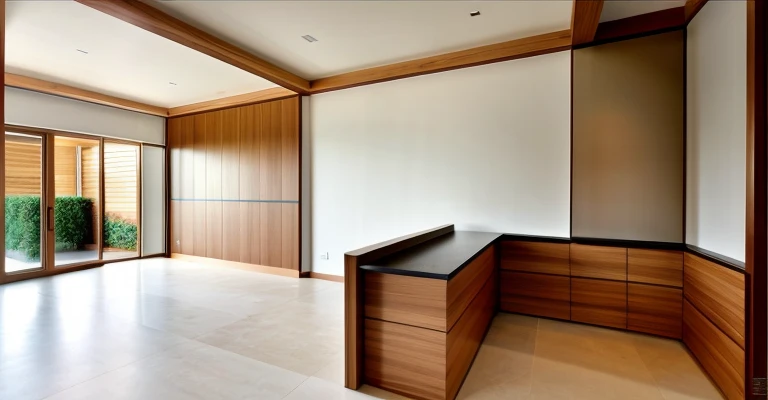 reception interior, walnut panel and white panel rough-hewn material, exposured wood, stucco wall, tiled floor, refrigerator, cozy lighting