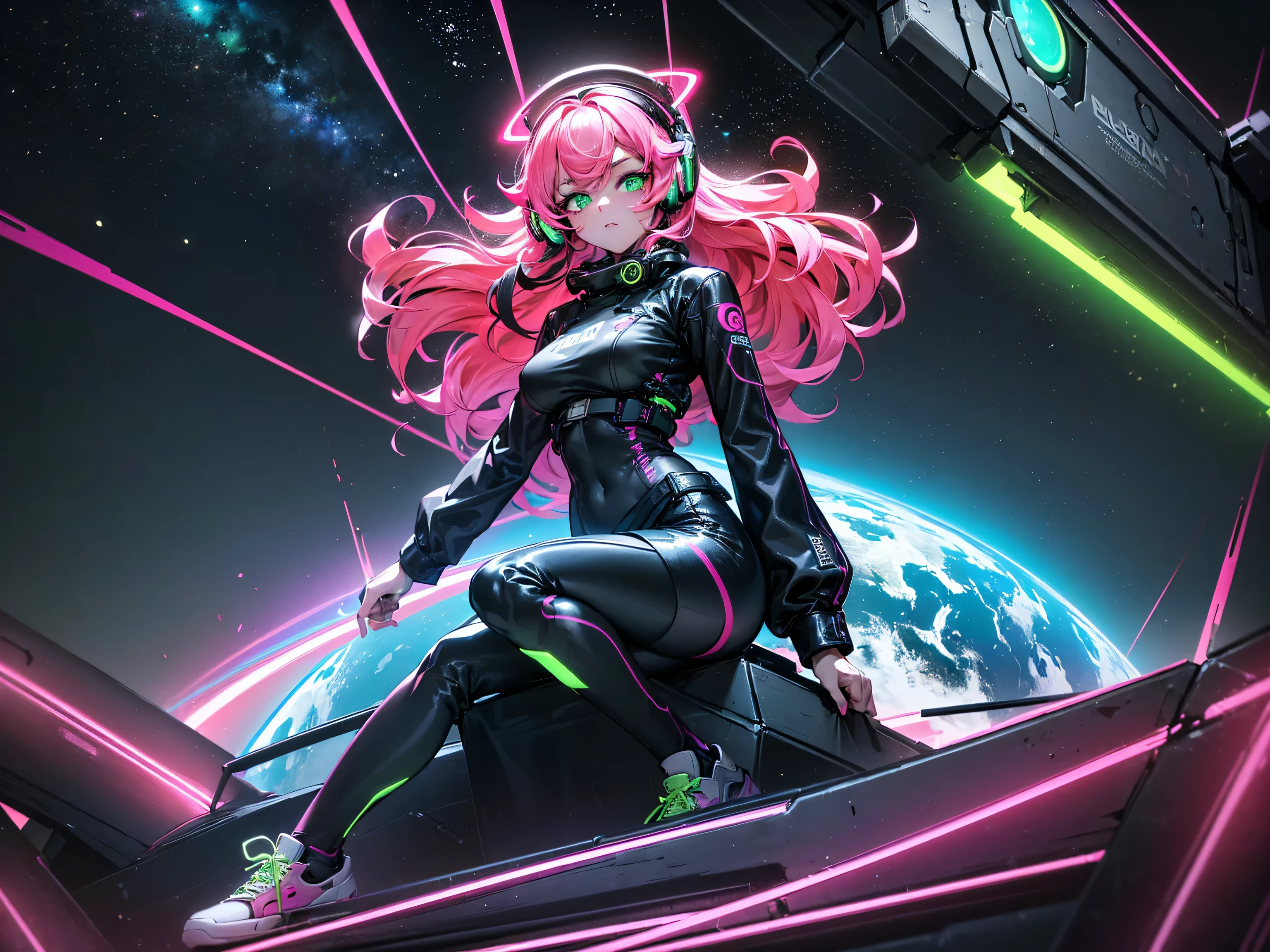 masterpiece:1.4, 1girl ((20year old, dressed in long sleeve shirt, tight black shorts, sneakers, medium breasts, multicolor pink hair, curly long hair, green eyes:1.4, Wearing headphones, looking towards camera, front view, sitting on top of a planet in outer space:1.1 galaxy and earth in background:1.1, neon and energetic atmosphere:1.2)) ((nighttime)) ((solo:1.6))