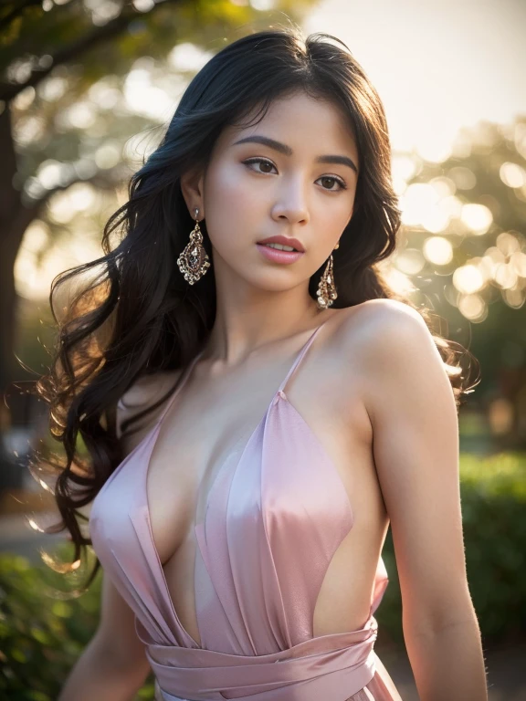 (best quality,4k,8k,highres,masterpiece:1.2),ultra-detailed,(realistic,photorealistic,photo-realistic:1.37),Gypsy dress,small breasts,beautiful detailed eyes,beautiful detailed lips,extremely detailed eyes and face,long eyelashes,wavy hair flowing,undulating curves,subtle makeup,luminous skin,slender figure,graceful posture,colorful floral background,colorful ribbons,ethereal atmosphere,gentle sunlight,playful expression,elegant movements,romantic ambiance,soft breeze,harmonious composition,elegantly dangling earrings,vibrant colors,pastel palette,delicate ornaments,bokeh lighting