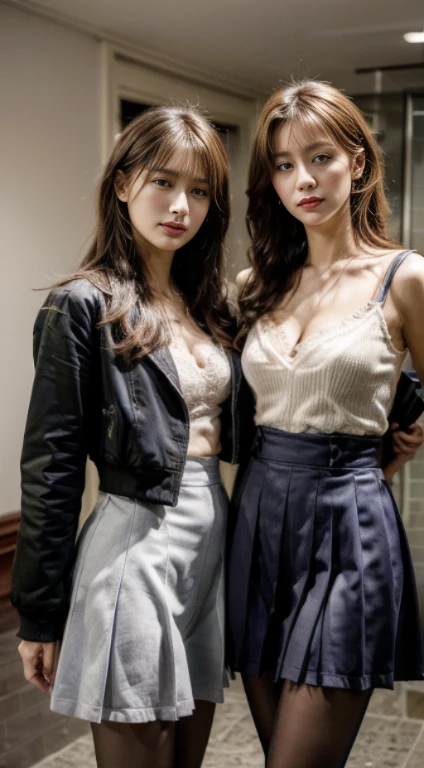 （night:1.6）、Inspired by the 007 movie、Tense atmosphere、Dramatic、(original photography、8K、​Masterpiece、high resolution、very complicated)、(top quality)、(Reality的:1.4)、（Full body female love:1.6）、movie lighting 、winter、cold、exquisite girl、 Exquisite facial features、2 beautiful women、20 years old、tall and sexy、（Kissing）、((Two women standing in the men&#39;s restroom))、Long wavy hair、（wet hair：1.6）、(Very detailed)、single focus、((Perfect body))、(School uniform jacket、Lace suspender pantyhose:1.2)、（Complex school uniforms、stripe、pattern、flowers、hollow）、(small 、cleavage)、（slender legs:1.5）、(Reality)、2 women together、A tall and strong man stood next to the woman