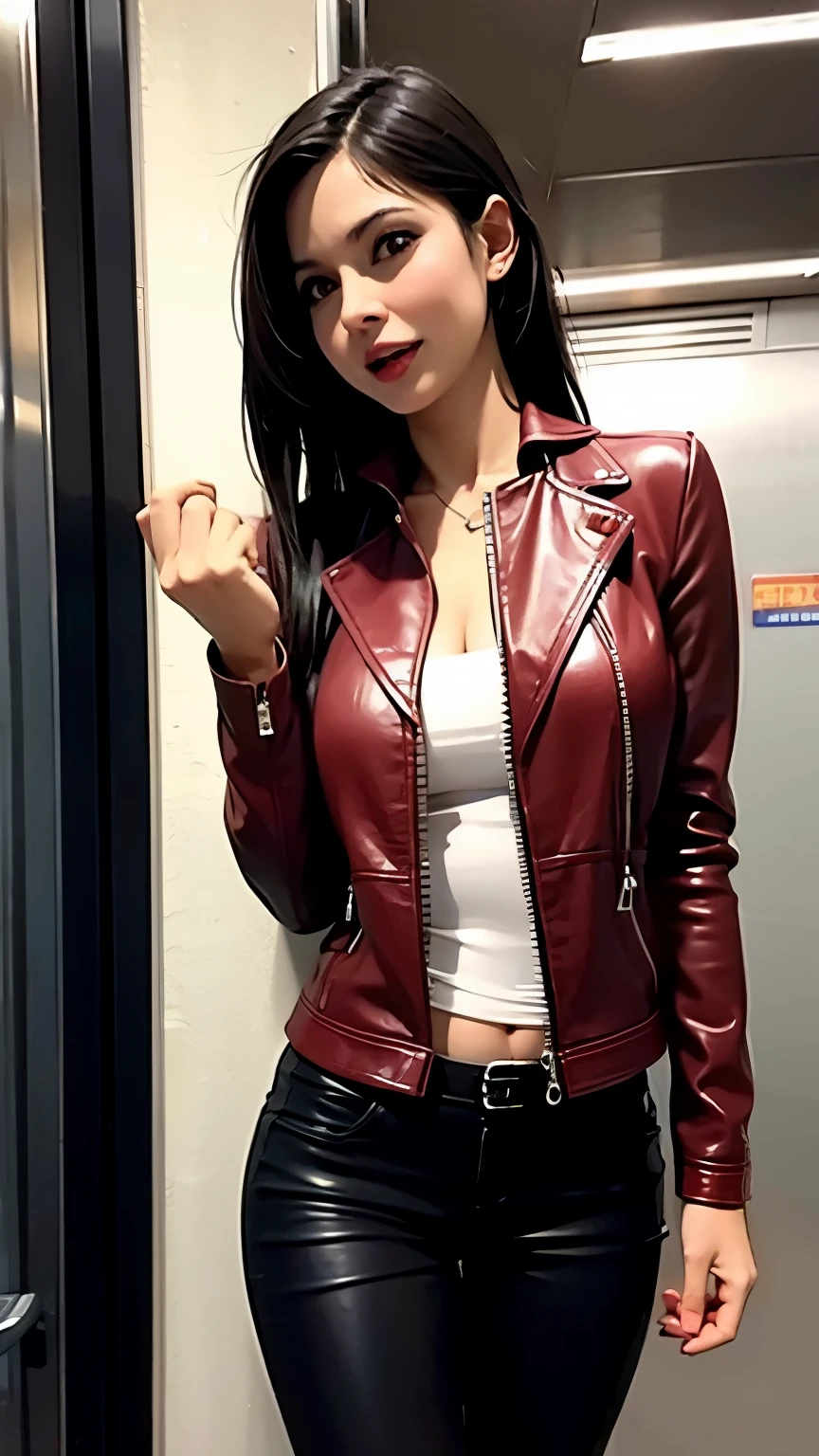 A sexy woman in a leather jacket stands in a crowded subway car with a painful expression