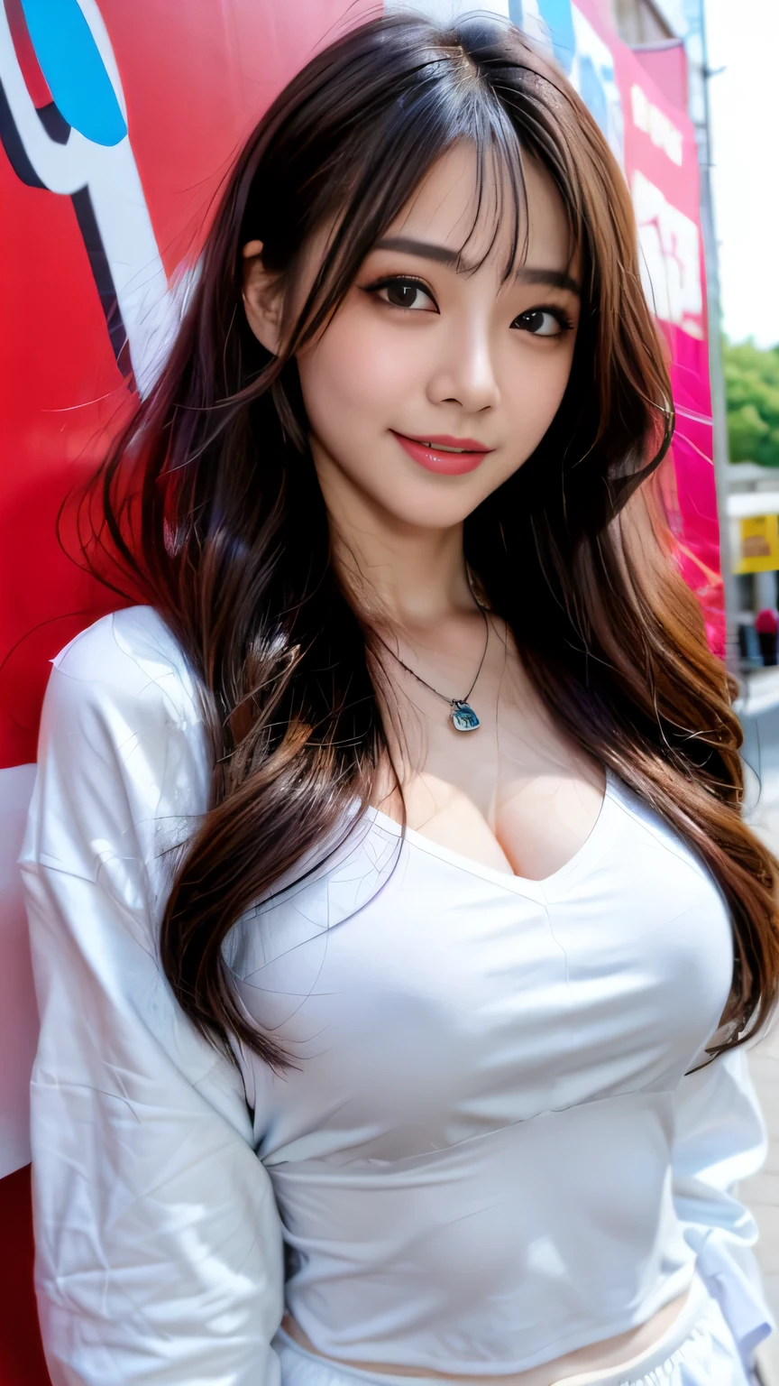 ((highest quality, 8K, masterpiece: 1.3)), concentrated: 1.2, cute girl 1,nipples erect、Braless walk、 perfect beauty: 1.4,hoodie: 1.2,long sleeve、randal color、comics&Text Graphics、Black ruffle-trimmed drawstring zip blouse,1.1, Highly detailed face and skin textures, fine eyes, double eyelid, whitening skin, ,highest quality,ultra high resolution,you,1 girl,alone,_shiny_skin,black eye,necklace,((Brown_length_wavy_hair)),(lips)),eyelash,front hair,deal with,compensate,shiny,pore,skin texture,big breasts、smiling face、living、