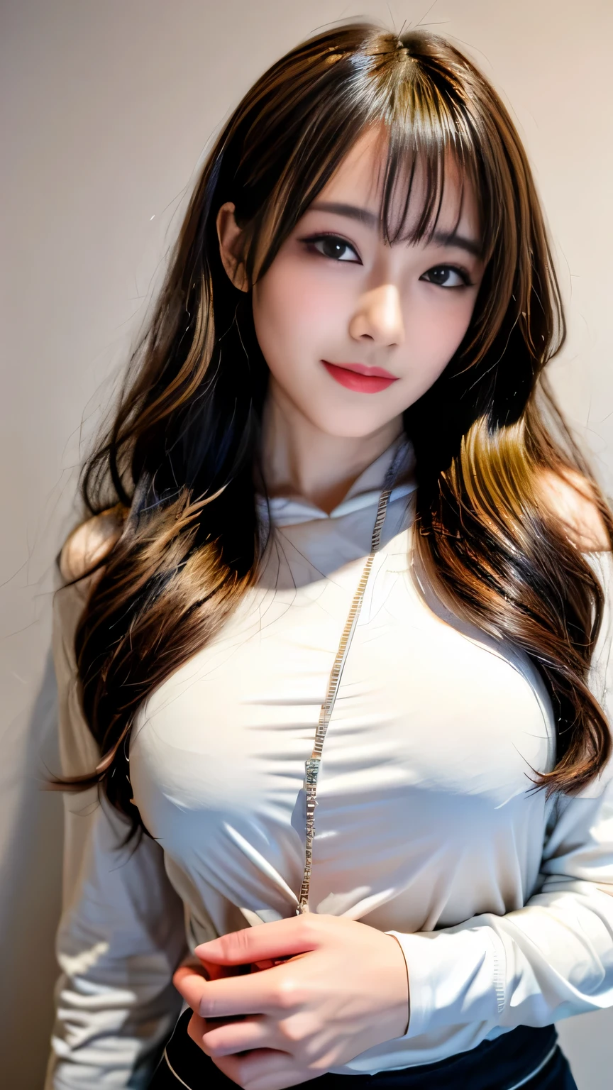 ((highest quality, 8K, masterpiece: 1.3)), concentrated: 1.2, cute girl 1,nipples erect、Braless walk、 perfect beauty: 1.4,hoodie: 1.2,long sleeve、randal color、comics&Text Graphics、Black ruffle-trimmed drawstring zip blouse,1.1, Highly detailed face and skin textures, fine eyes, double eyelid, whitening skin, ,highest quality,ultra high resolution,you,1 girl,alone,_shiny_skin,black eye,necklace,((Brown_length_wavy_hair)),(lips)),eyelash,front hair,deal with,compensate,shiny,pore,skin texture,big breasts、smiling face、living、