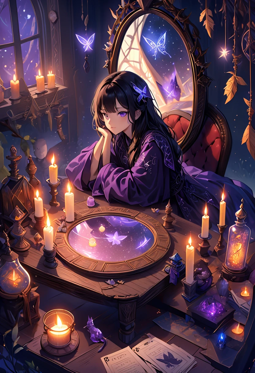 The witch wears a magnificent robe of deep purple,adorned with intricate silver runes that shimmer with a dark glow. The robe billows gracefully behind her,enhancing her air of mystery and charm. Her long black hair,as dark as night,flows loosely over her shoulders,exuding a sense of lazy elegance. On the table,various mystical objects are arranged,the most noteworthy being a scale. One side holds a bottle filled with potions,its contents shimmering with multicolored lights that seem to contain infinite magic. The other side displays a magic bottle,emitting a mysterious aura with its engraved runes,provoking curiosity and awe. Reclining lazily on a green chair,a black cat stares intently at the witch,its eyes deep and pensive. The cat's fur is soft and shiny,its black coat glinting in the candlelight,adding a touch of mystery to the scene. In one corner of the room,a magic mirror hangs,reflecting the witch's figure in its depths. Her face appears vaguely in the mirror,as if harboring an unfathomable power. The frame is adorned with intricate gemstones,emitting a seductive glow that enhances the room's air of mystery and luxury. Candles and tarot cards are also present on the table. The flickering flame of the candles casts a warm and dim light,creating a cozy and enigmatic atmosphere. The tarot cards,lying silently on the table,exude a mysterious aura with their intricate patterns and symbols,seeming to whisper secrets of the future. The overall scene,dominated by hues of purple and black,evokes a sense of enchantment and mystery. The witch,the scale,the magic bottle,the potions,the butterfly specimens,the black cat,and the magic mirror intertwine to create a world of fantasy and magic. In this world,the witch explores the mysteries of the universe with her wisdom and power,seeking unknown knowledge and truth.,
