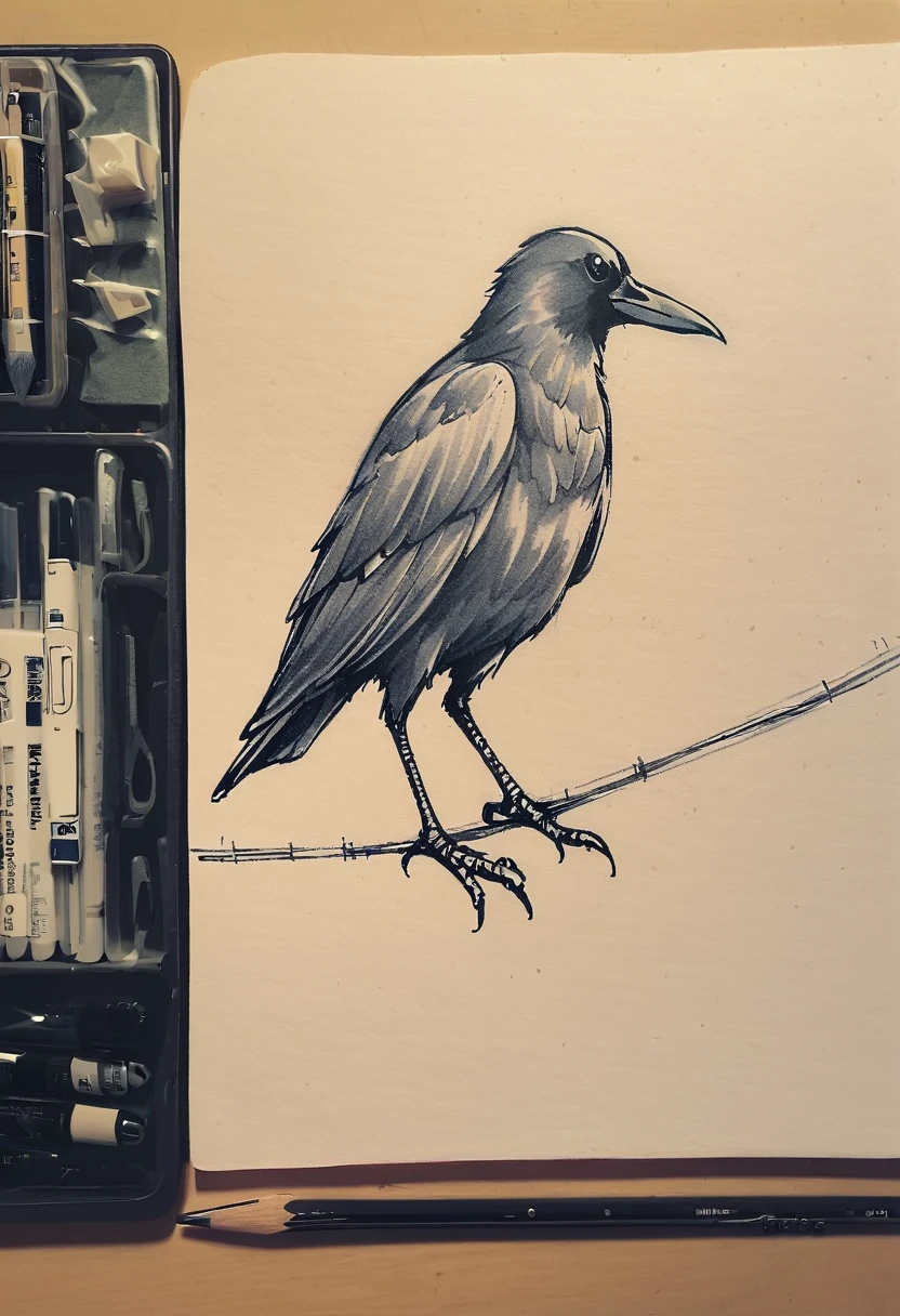1 ,draw line,monochrome,（sketch:1.5、pattern、pencil drawing:1.5、Board:1.5）,Board，traditional media,，cold background ,(crow ） , alone、( alone),
