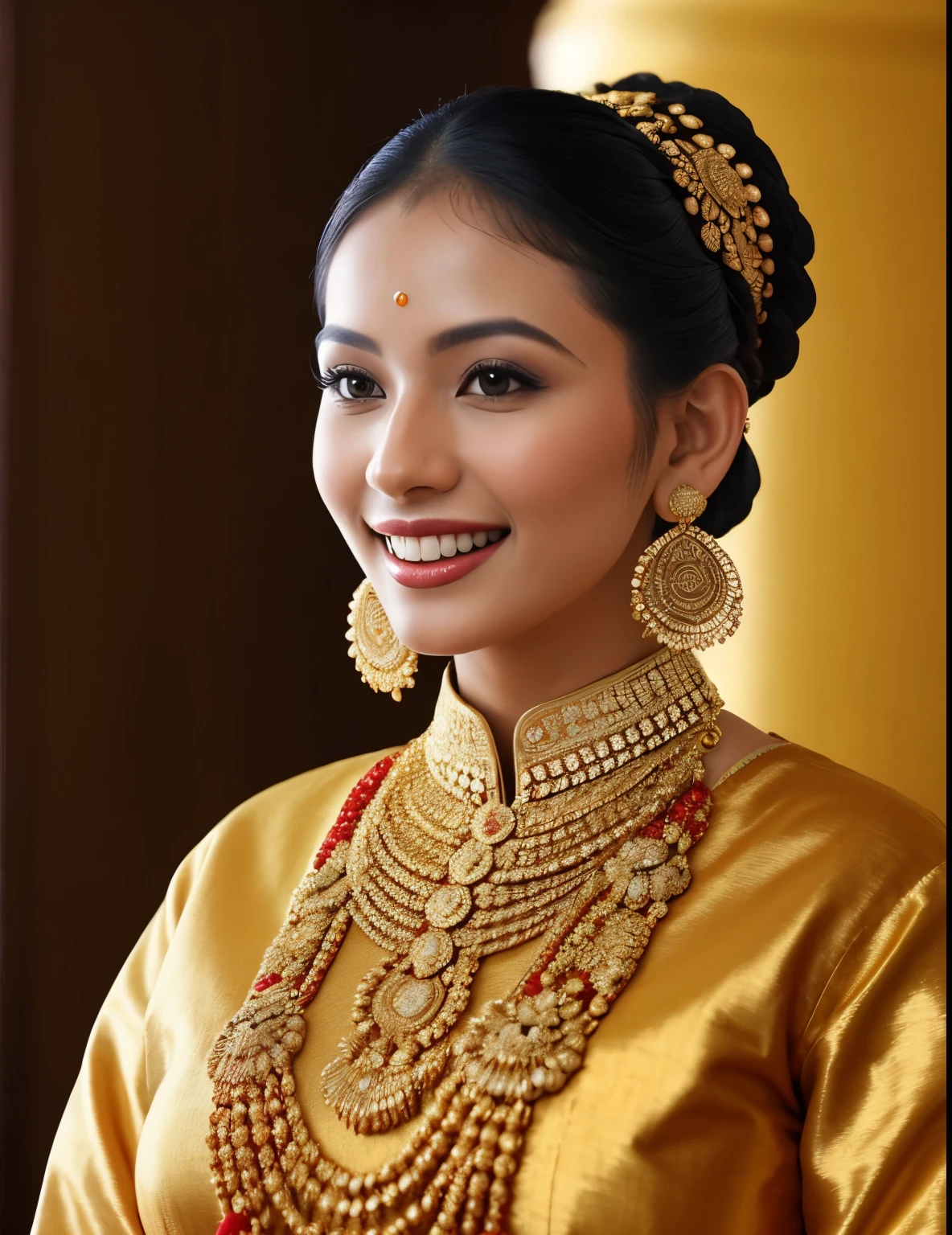 portrait, smiling, graceful pose, traditional clothing, cultural celebration, golden accessories, luxurious fabric, ornate design, festive attire, elaborate hairstyle. Photogrphy DSLR camera with 50mm lense, /1.8 aperture for a shallow depth offfield, --ar 16:9-vr v5