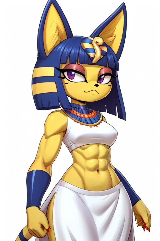 ((best quality)), ((masterpiece)), (detailed), perfect face, a digital artwork of Ankha with abs wearing a crop top of her white  sleeveless dress outfit with a bare midriff and a bare navel, Egyptian setting, smug face, she has cum coming out from in her navel