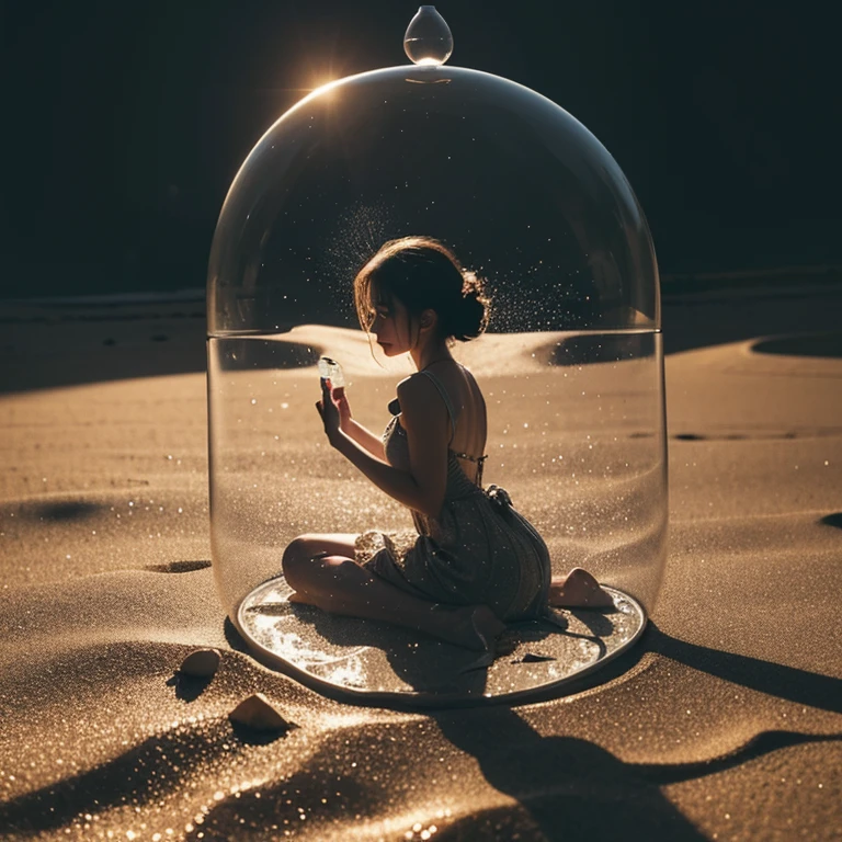 a shattered hourglass falling in the middle of the pphoto, its sands suspended mid-fall. A serene, vintage scene is the background. A woman's silhouette is inside the shattered hourglass, her figure caught in the delicate intersection between fleeting moments.