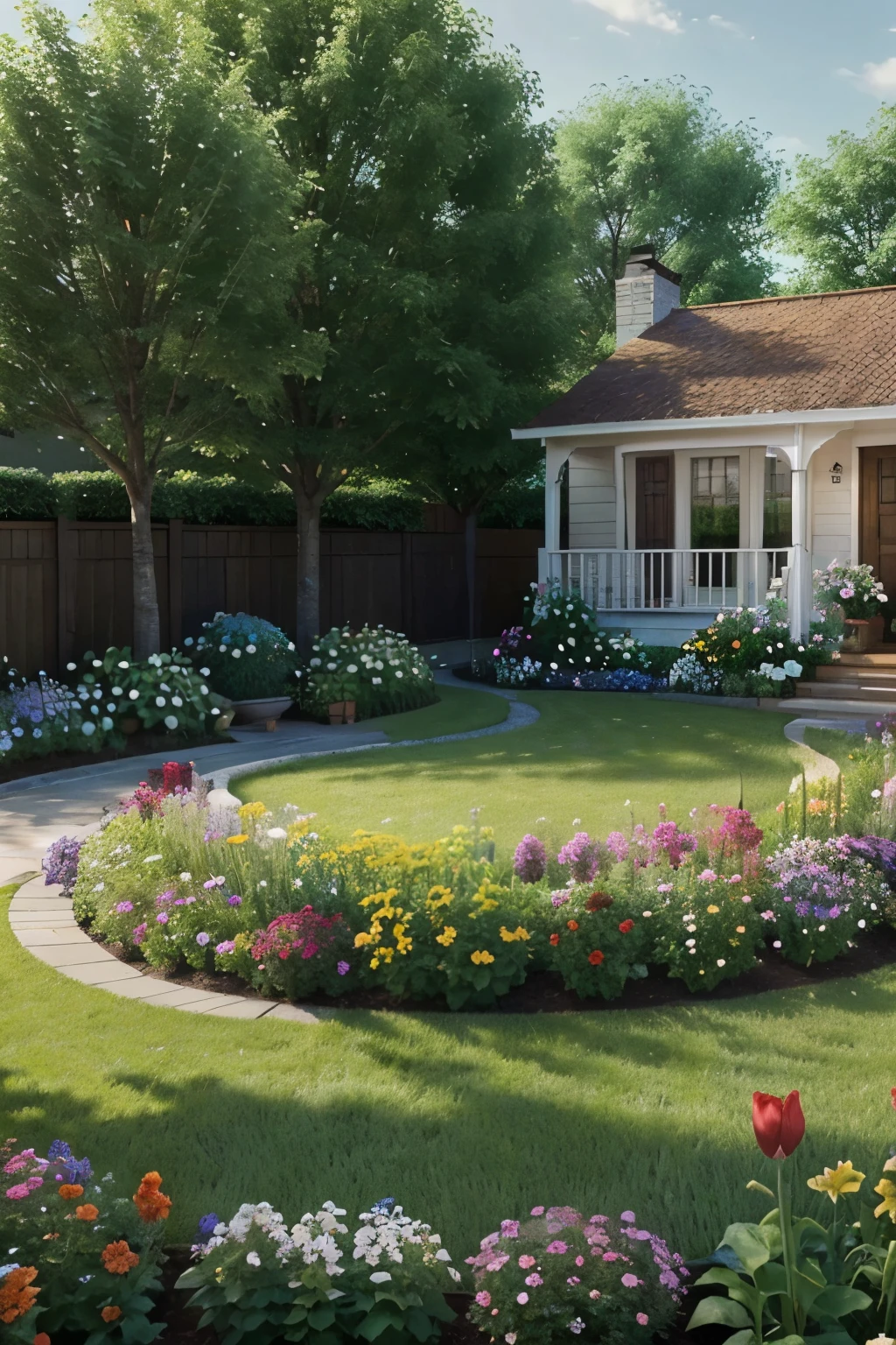 Different flowers, separate flowerbeds, beautifully, harmoniously arranged on the plot, modern cottage, fantastically delicate, colorful, realistic, detailed, every flower, unique beauty, magnificent grace, 4K