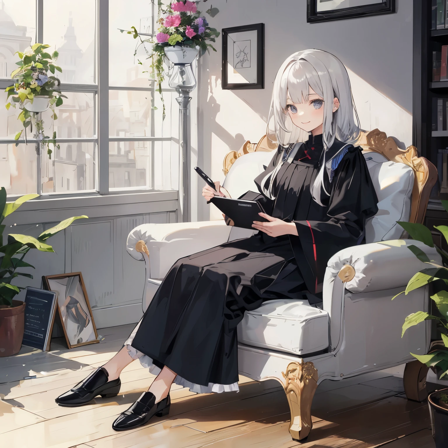 Girl with a pen tablet、Judge&#39;s Clothes、A fusion of cool and cute、Sitting on a chair、whole body、beautiful girl、smile、High quality、Depth of the bounds written、indoor、cushion、illustrator、judge、Loose fitting black uniform、Many flowers have fallen on the floor、French service、Long sleeved clothing