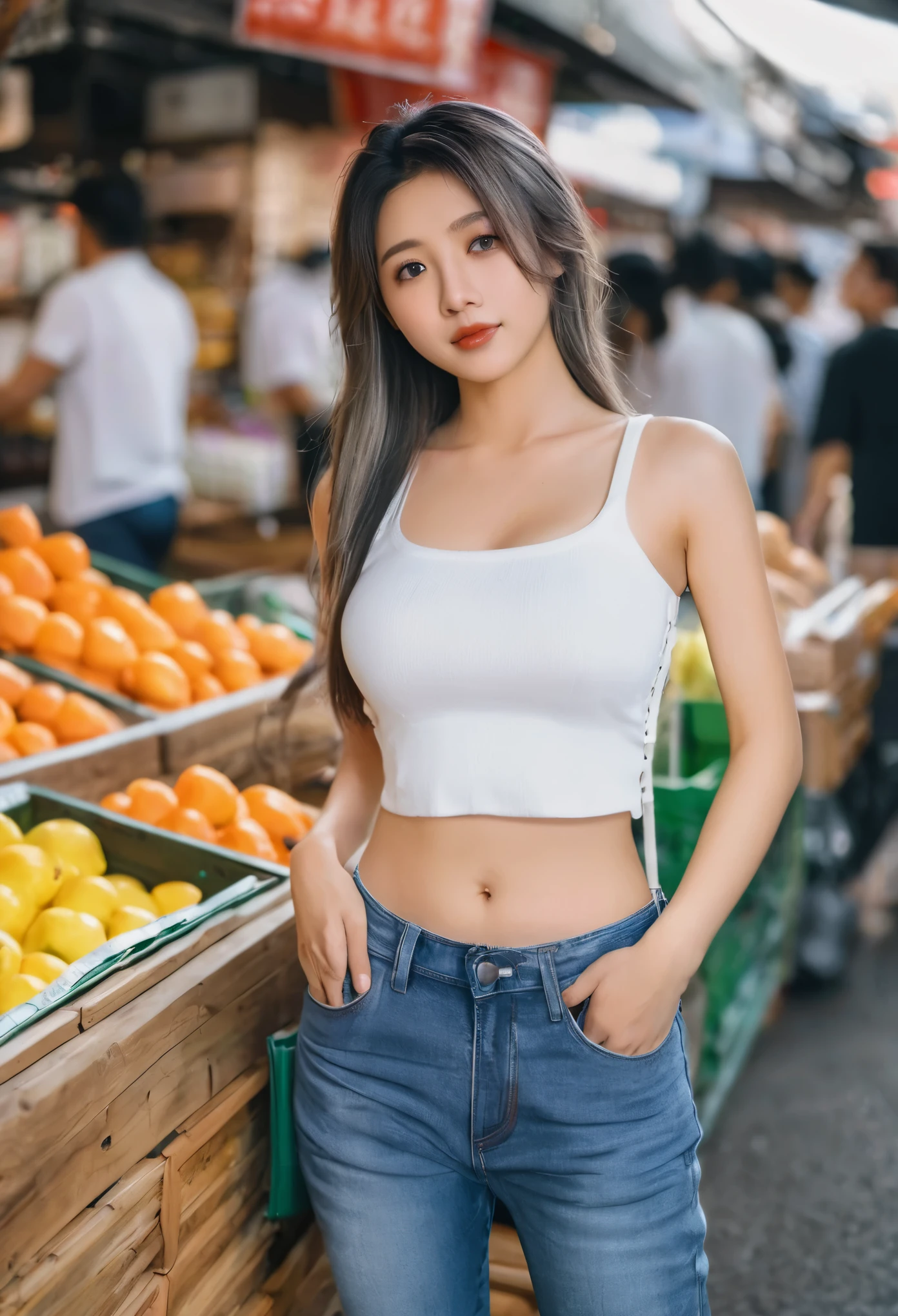 Indian girl wearing blue crop top without pants she bottomless, no wearing panty, she bottom is naked,no panty no underwear,in vegetable market