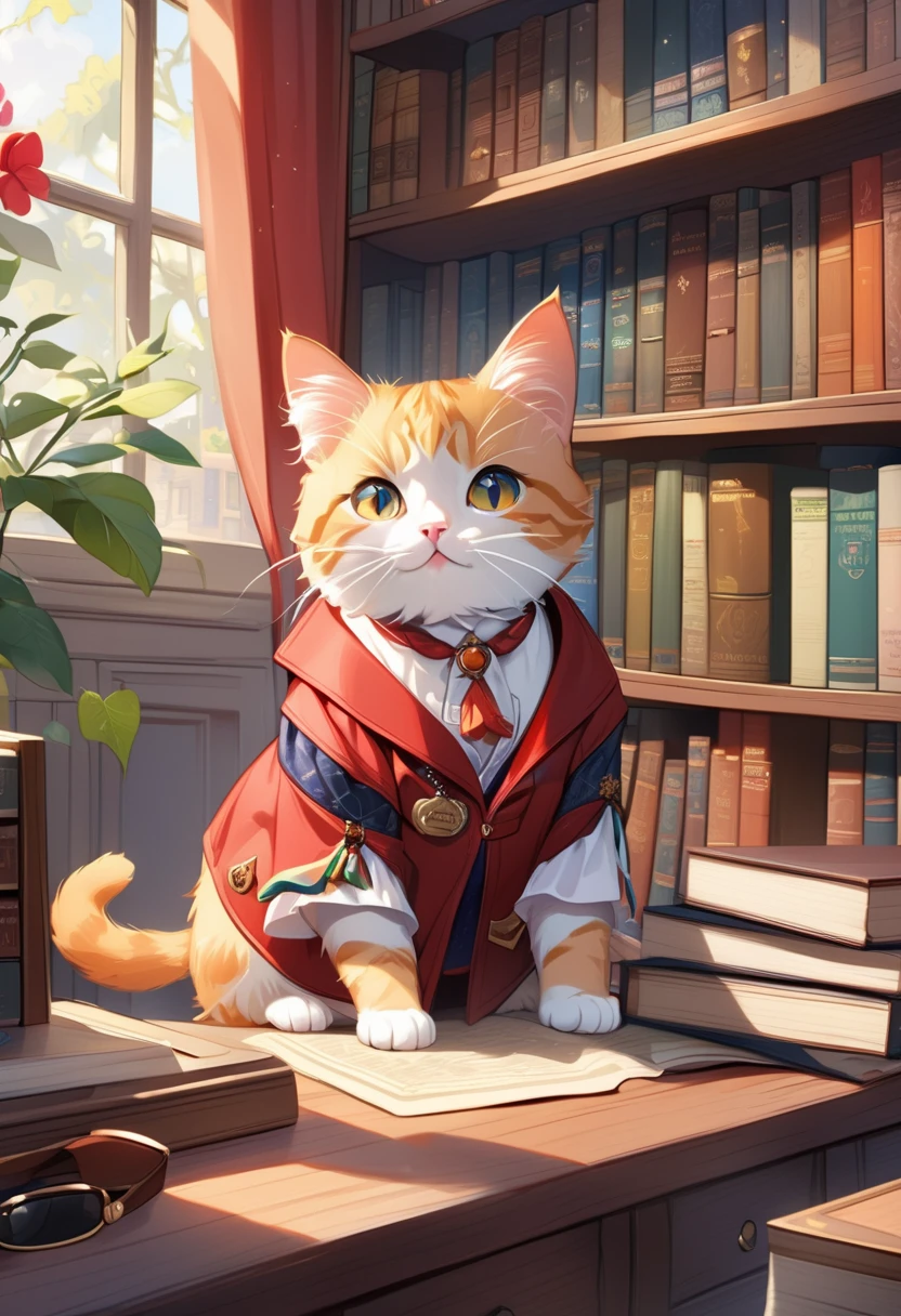 Envision an adorable and playful scene: A cat sits in front of a bookshelf, adorned with glasses and a vintage jacket, resembling an intellectual little princess