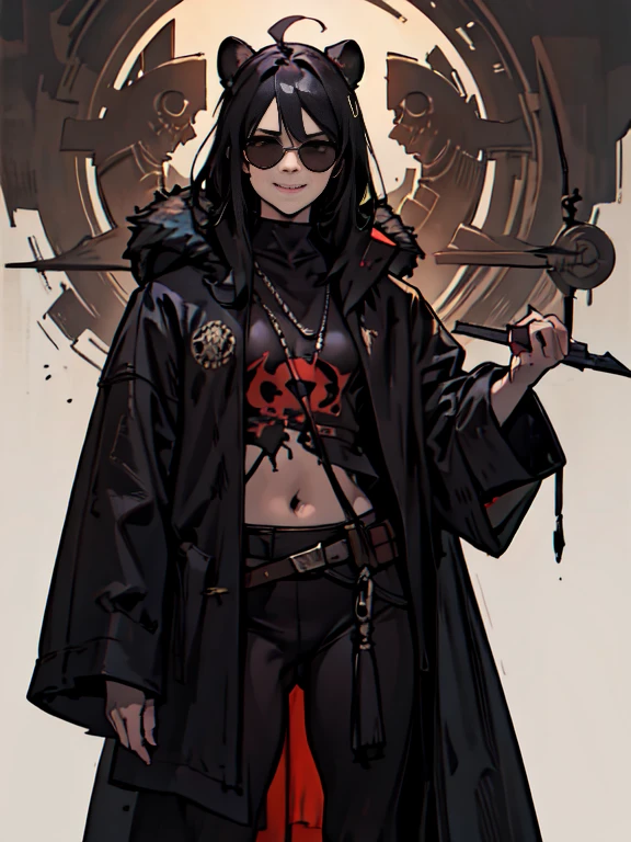 highest quality, High resolution,He is wearing a devilish leopard fur coat and oversized sunglasses., colorful, cyberpunk style, neon light, dark mood, High contrast and highly detailed, Horror Concept Art, smile uneasily, circus, crazy illustration, flat illustration、small eyes
