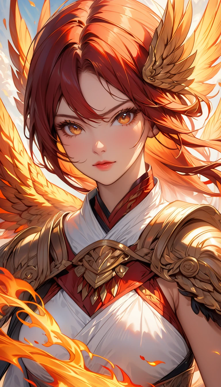 Close-up of a woman on fire and flames, With fiery golden wings of flame, With fiery golden wings, epic fantasy art style, concept art | artistic germ, Phoenix Warrior, extremely detailed artistic germ, Epic fantasy digital art style, female protagonist, A complete portrait of the Elementalists, Epic and beautiful character art