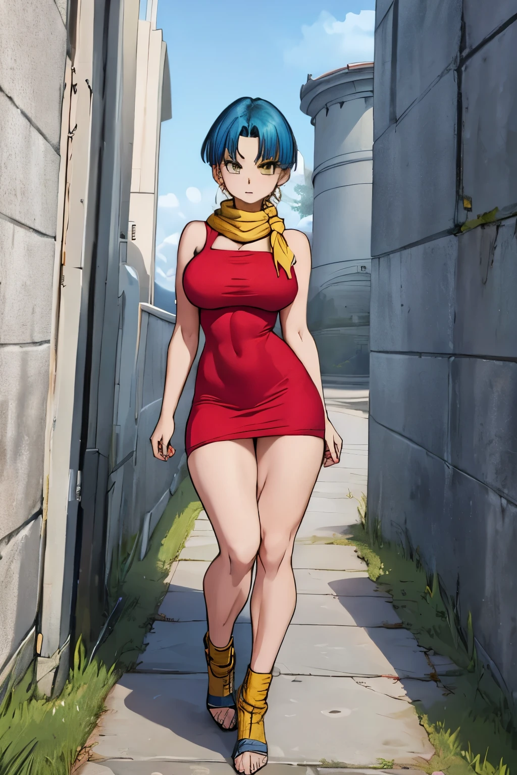 best qualty full body visto desde abajo ((cabello azul corto)), (( Yellow scarf around the neck)), (( ojos azules)),, (( rostro hermoso)),  ((bulma  anime  dragon ball z)) (( vestido rojo)) mujer 30 years old, ((cabello azul corto)), (( con curvas)),(( una bufanda amarilla)),  (( vestido muy corto)) (( piernas fuertes)), (( cintura muy angosta)) hay una mujer con un vestido rojo y una bufanda amarilla, vestido apretado, vestimenta ajustada, succubus in short tight dress, vestido sexy, faye valentine, linda chica con traje de tanque, skinvestido apretado, better known as amaranto, amaranto, He wears a bathing suit, usando ropa sencilla y ajustada, cintura delgada y caderas gruesas , alto detalle 8K, piel perfecta. 12K HDR