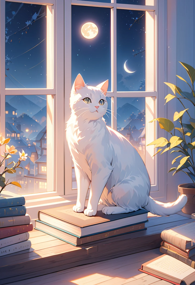 (highest quality:1.2), Beautiful lo-fi minimalist vibe, Cat, Book, window, moon, light bokeh, In soft colors, Sparkling, dynamic side angle, Natural soft lighting, 8K resolution, figure, pastel four colors