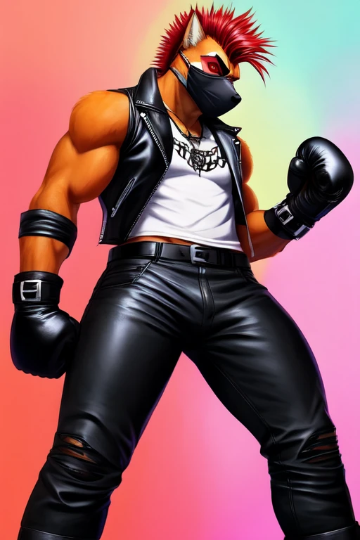 Furry, anthropomorphic wolf, orange fur, red hair, mohawk hairstyle, red eyes, 50" Chest, 21" Shoulders, 17" Biceps, 36" Waist, 25" thighs, 17" calves, 20" back, mask, wearing black bandana around forehead, wearing black leather biker vest, wearing white t-shirt with sleeves ripped off, wearing black leather pants, wearing black leather boots, wearing red boxing gloves, punk aesthetic, biker aesthetic, soft colors, vivid colors, pastel colors, soft shading