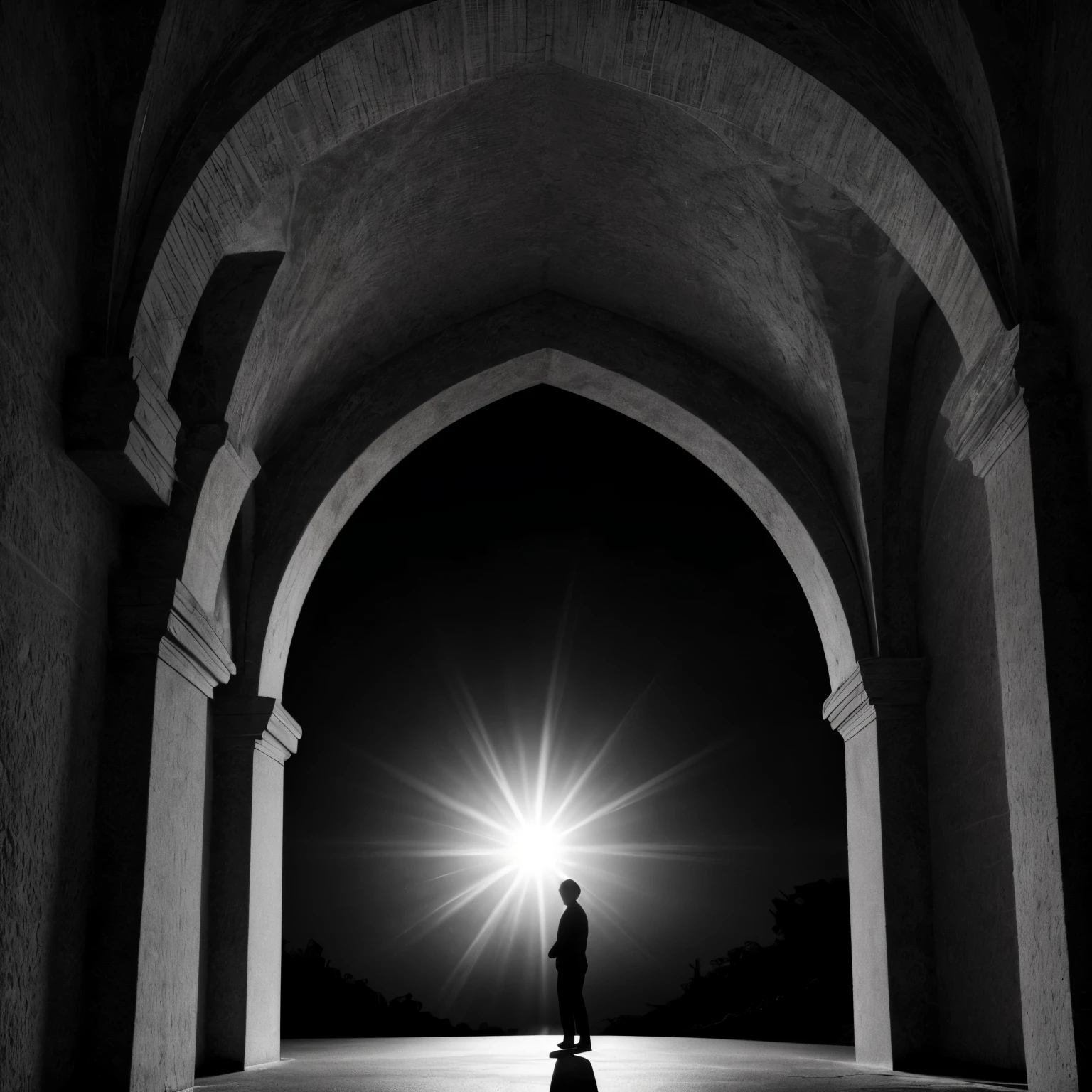 (best quality,4k,8k,highres,masterpiece:1.2),ultra-detailed,architectural photography,arches,perspective,strong backlighting,silhouette figures,high contrast lighting,distinct black and white tones,award-winning artwork, minimalistic