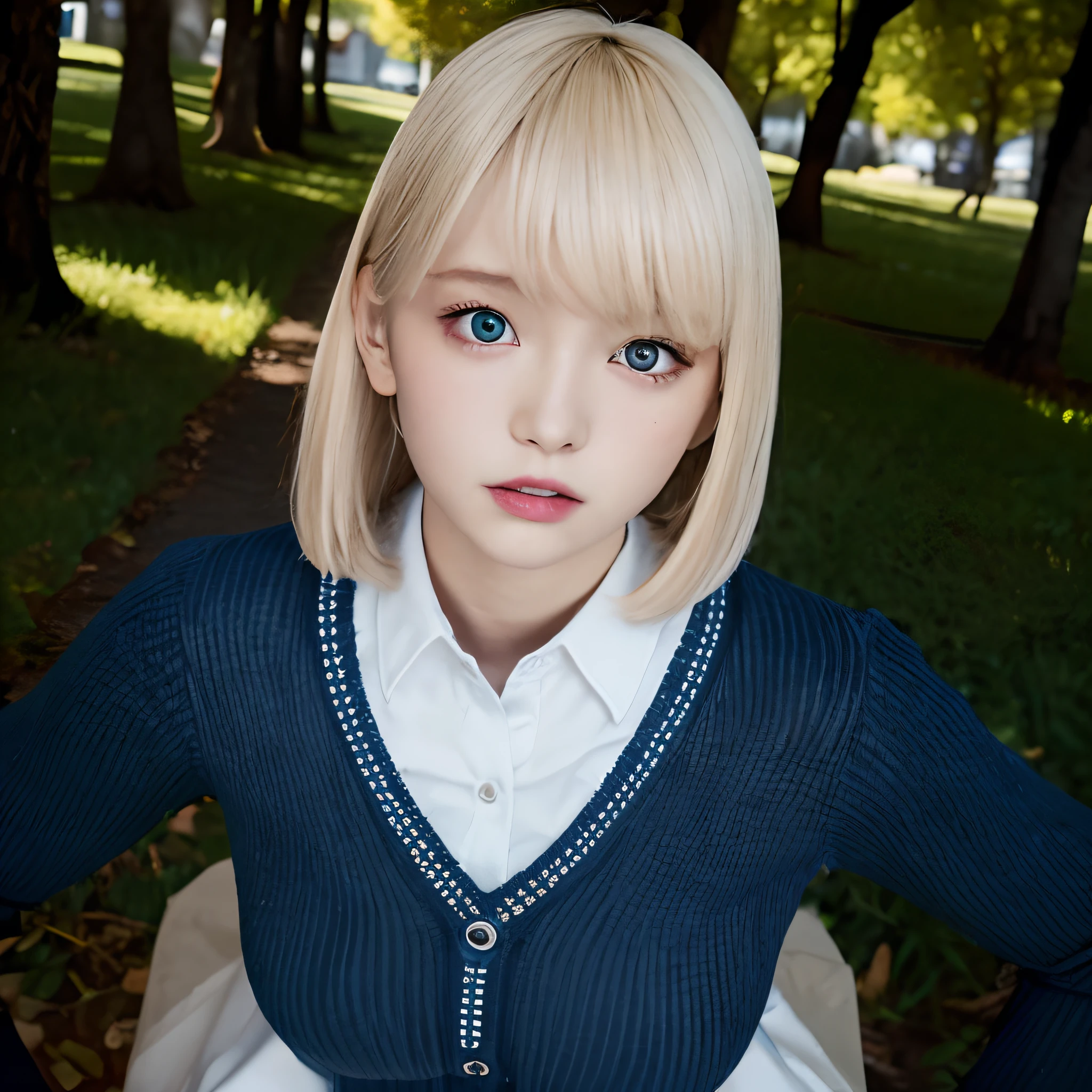 (masutepiece, hight resolution, 8K), Front light, 1 japanese girl, Blonde hair, bob cuts, Beautiful big eyes, (Gray eyes), ,