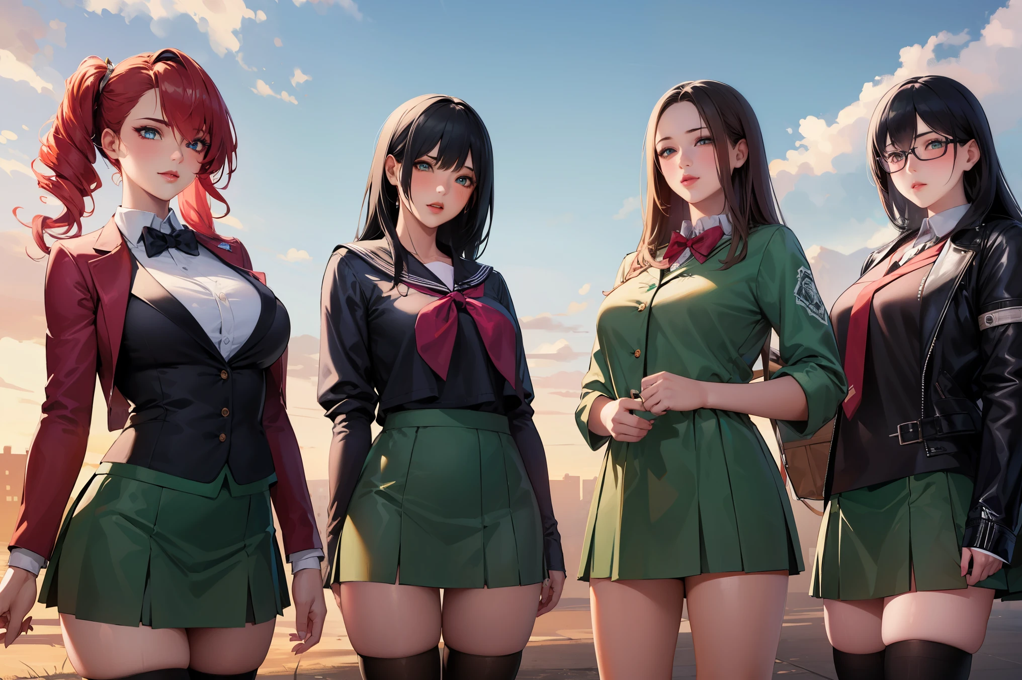 ((4girls:1.5)), medium breast,
BREAK skirt, thighhighs, , serafuku, zettai ryouiki, green skirt, bowtie, long sleeves, black thighhighs, black bowtie,
BREAK outdoors, city, zombies, sun, sky, clouds, cars,
BREAK looking at viewer, (cowboy shot:1.5),
BREAK (masterpiece:1.2), best quality, high resolution, unity 8k wallpaper, (illustration:0.8), (beautiful detailed eyes:1.6), extremely detailed face, perfect lighting, extremely detailed CG, (perfect hands, perfect anatomy),