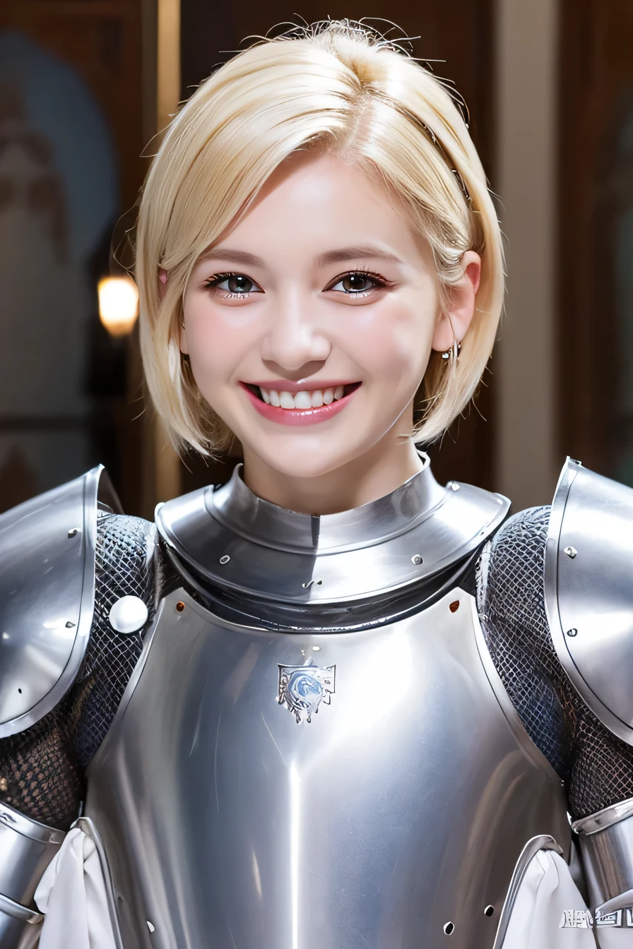 high quality、8k、female knight、The background is a room in a castle.、Luxurious Silver Armor、smile、beautiful teeth、full body photo、hairstyle short cut、ear piercing、white woman、blonde hair、blue eyes、Gummy Smile、、heavy makeup、