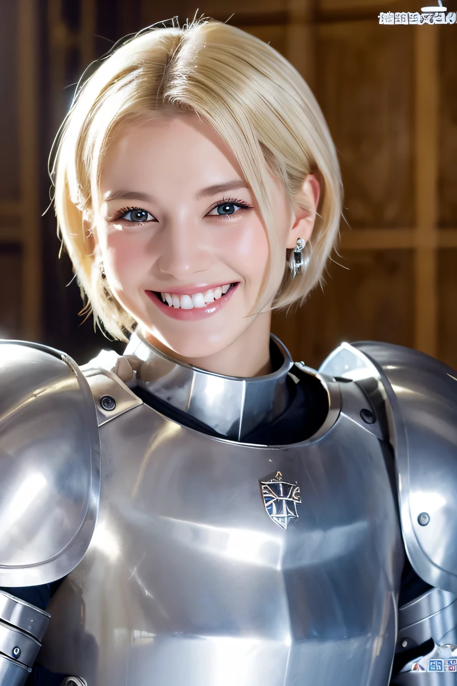 high quality、8k、female knight、The background is a room in a castle.、Luxurious Silver Armor、smile、beautiful teeth、full body photo、hairstyle short cut、ear piercing、white woman、blonde hair、blue eyes、Gummy Smile、、heavy makeup、