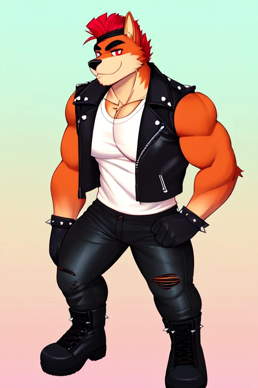 Furry, anthropomorphic wolf, orange fur, red hair, mohawk hairstyle, red eyes, 50" Chest, 21" Shoulders, 17" Biceps, 36" Waist, 25" thighs, 17" calves, 20" back, wearing black bandana around forehead, wearing black leather biker vest, wearing white t-shirt with sleeves ripped off, wearing black leather pants, wearing black leather boots, wearing red boxing gloves, punk aesthetic, biker aesthetic, soft colors, vivid colors, pastel colors, soft shading 