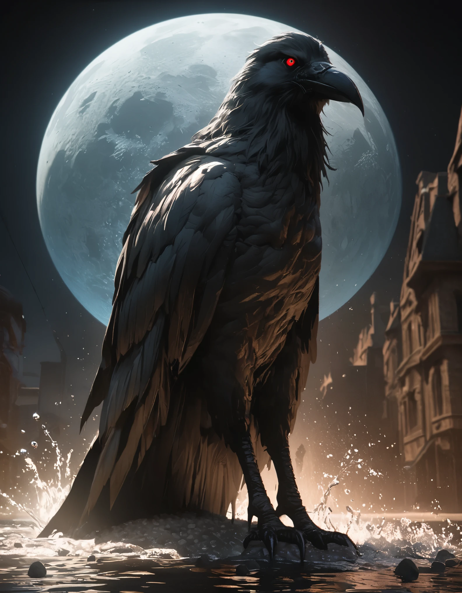 night,huge moon,Cool colors,Anatomy Drawing,Rich details,Crow with bloodshot eyes,standing water,gravel,full body portrait,Black castle background,Real light and shadow contrast,Realistic ray tracing,True light falloff,anti-aesthetic style,Poodlepunk,Snapshot aesthetic style , --q 2 --s 180 --ar 9:16 --v 6