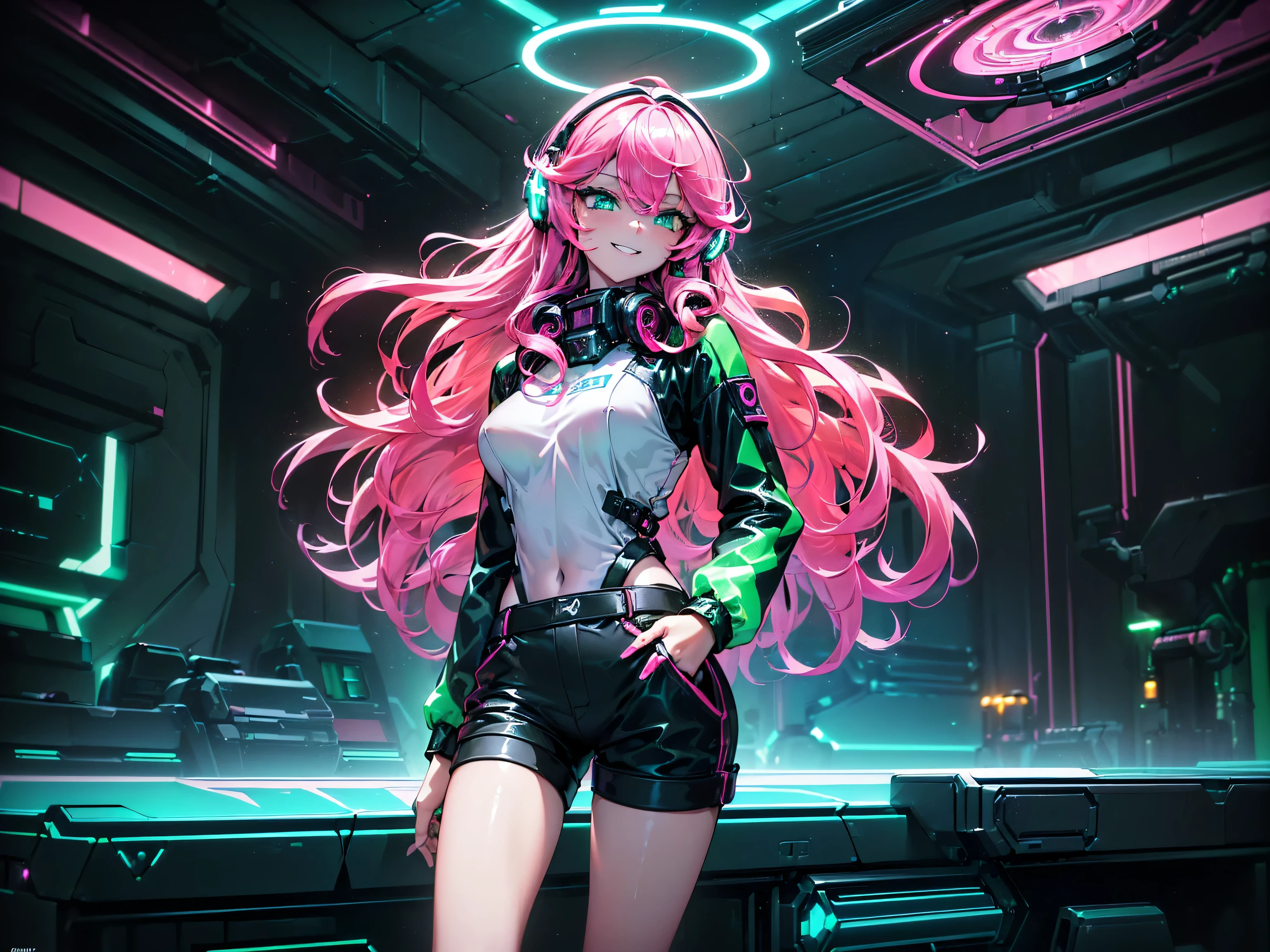 masterpiece:1.4, 1girl ((20year old, dressed in long sleeve shirt, tight black shorts, sneakers, medium breasts, multicolor pink hair, curly long hair, perfect model body, green eyes:1.4, Wearing headphones, flirting, happy, big smile, Looking out of a Futuristic Sci-Fi Space Station windows staring out to a beautiful galaxy:1.2, sci fi control room in the background at night:1.1, neon and energetic atmosphere:1.2)) ((galaxy)) ((solo:1.6)) ((wide Camera angle))