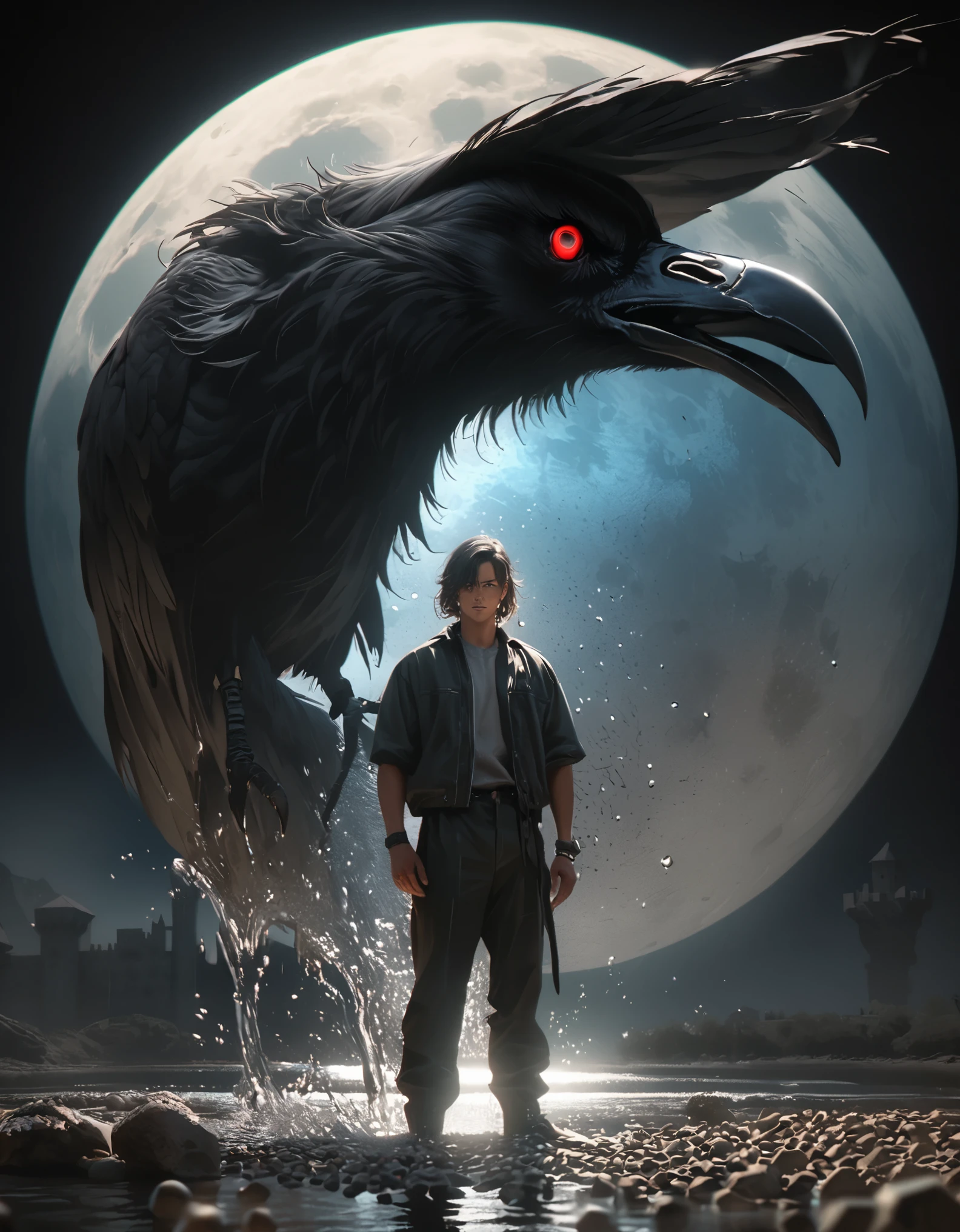 night,huge moon,Cool colors,Anatomy Drawing,Rich details,Crow with bloodshot eyes,standing water,gravel,full body portrait,Black castle background,Real light and shadow contrast,Realistic ray tracing,True light falloff,anti-aesthetic style,Poodlepunk,Snapshot aesthetic style , --q 2 --s 180 --ar 9:16 --v 6
