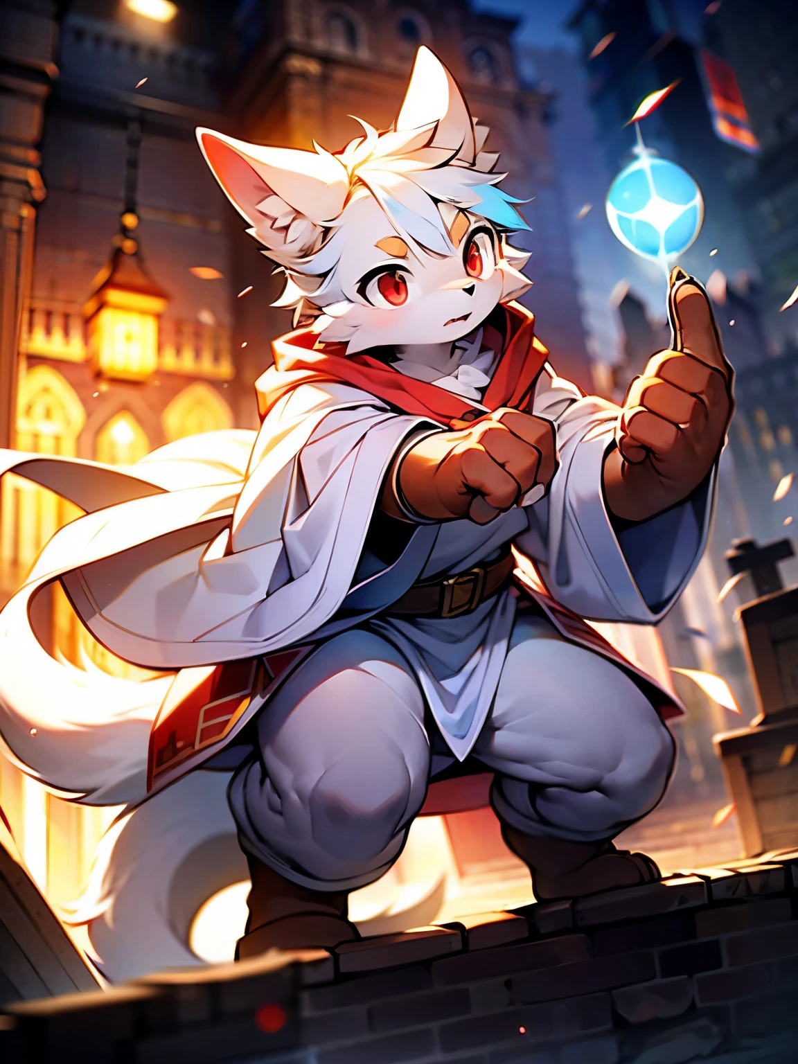alone,strong,mage,male,adult,white wolf,Light blue and white hair,red eyes,white robe,Gold diamond pattern,serious expression,White stuffed tail,mystery,powerful,fighting stance,bright and lively eyes(A masterpiece)(high quality)(clear structure)(Extremely detailed background)(extremelydetailedcharacter)