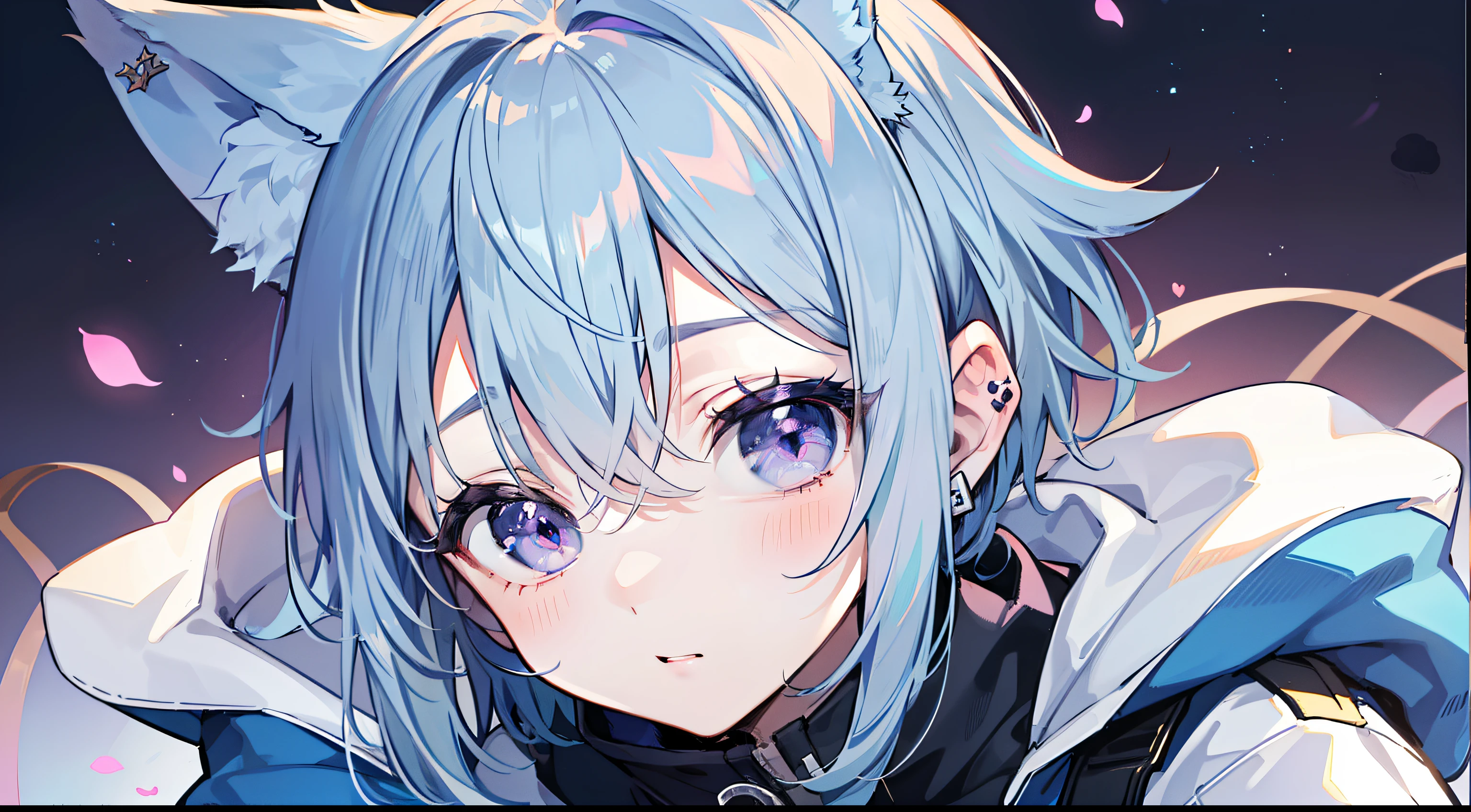(1 juvenile)、(Shota)、(Calidad de imagen HD、Nivel de obra maestra)、lindos personajes adolescentes、pelo azul claro、Ojo morado、(oreja de lobo)、(cola de lobo)、una historia、(sin orejas)、(a )、(cubierto de orejas)、(oreja cubierta de pelo)、facecamea、perdurar、